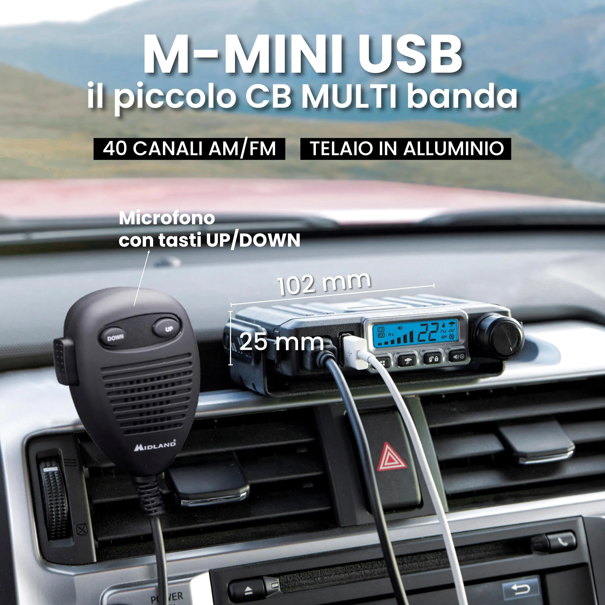 Midland M-Mini USB Radio CB Multi Banda EU, 40 Canali AM/FM, Display LCD con S-Meter, Presa USB - immagine 2