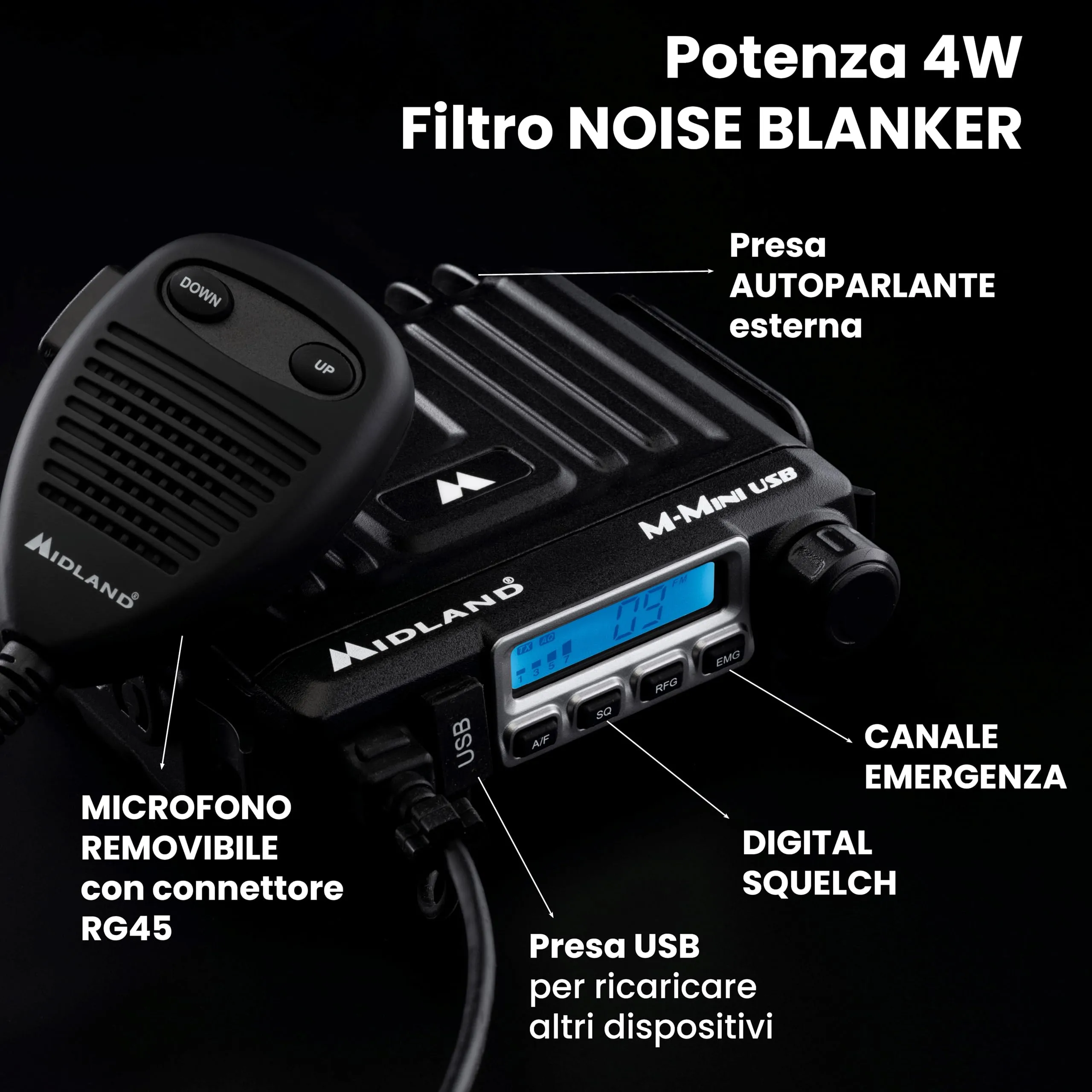 Midland M-Mini USB Radio CB Multi Banda EU, 40 Canali AM/FM, Display LCD con S-Meter, Presa USB - immagine 3