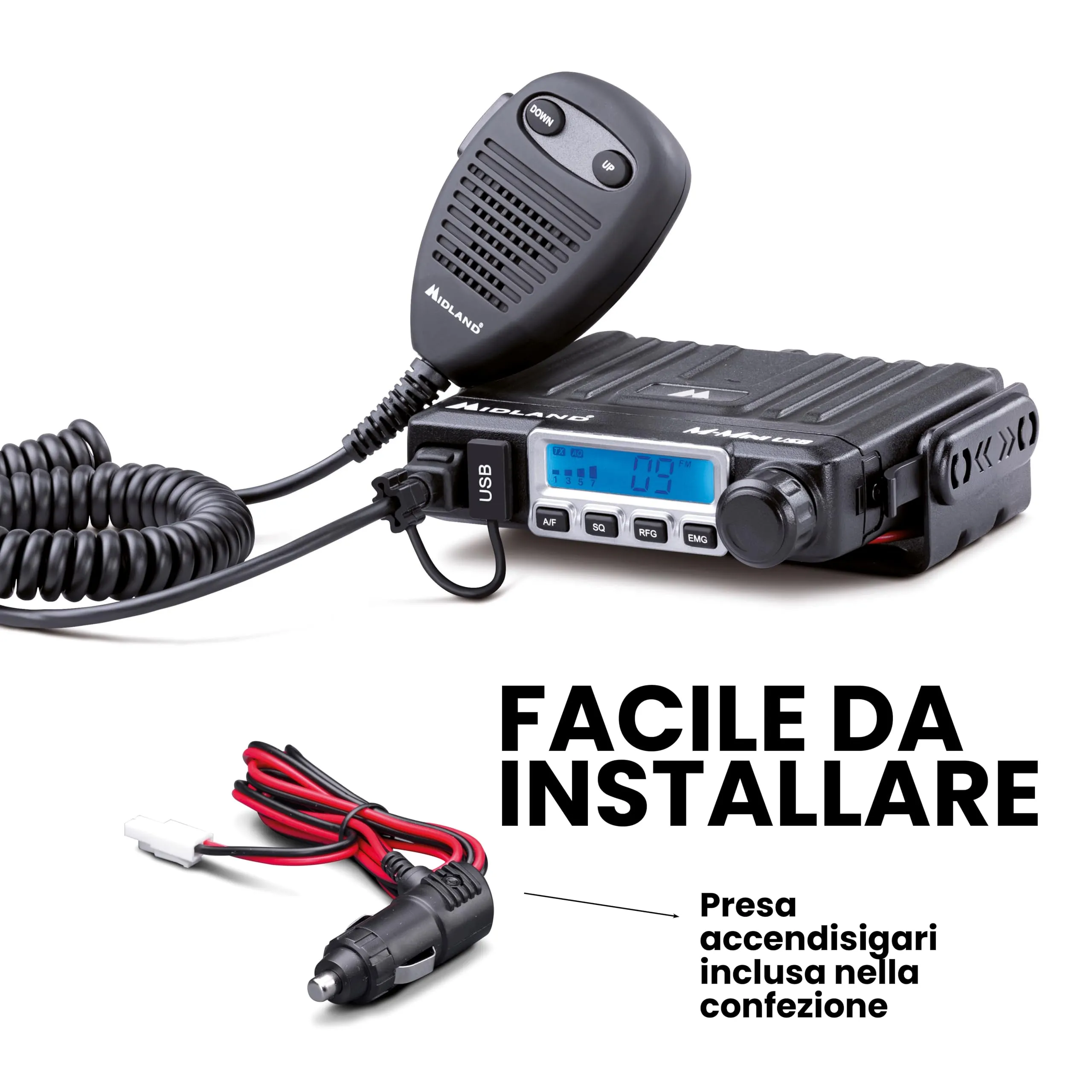 Midland M-Mini USB Radio CB Multi Banda EU, 40 Canali AM/FM, Display LCD con S-Meter, Presa USB - immagine 6
