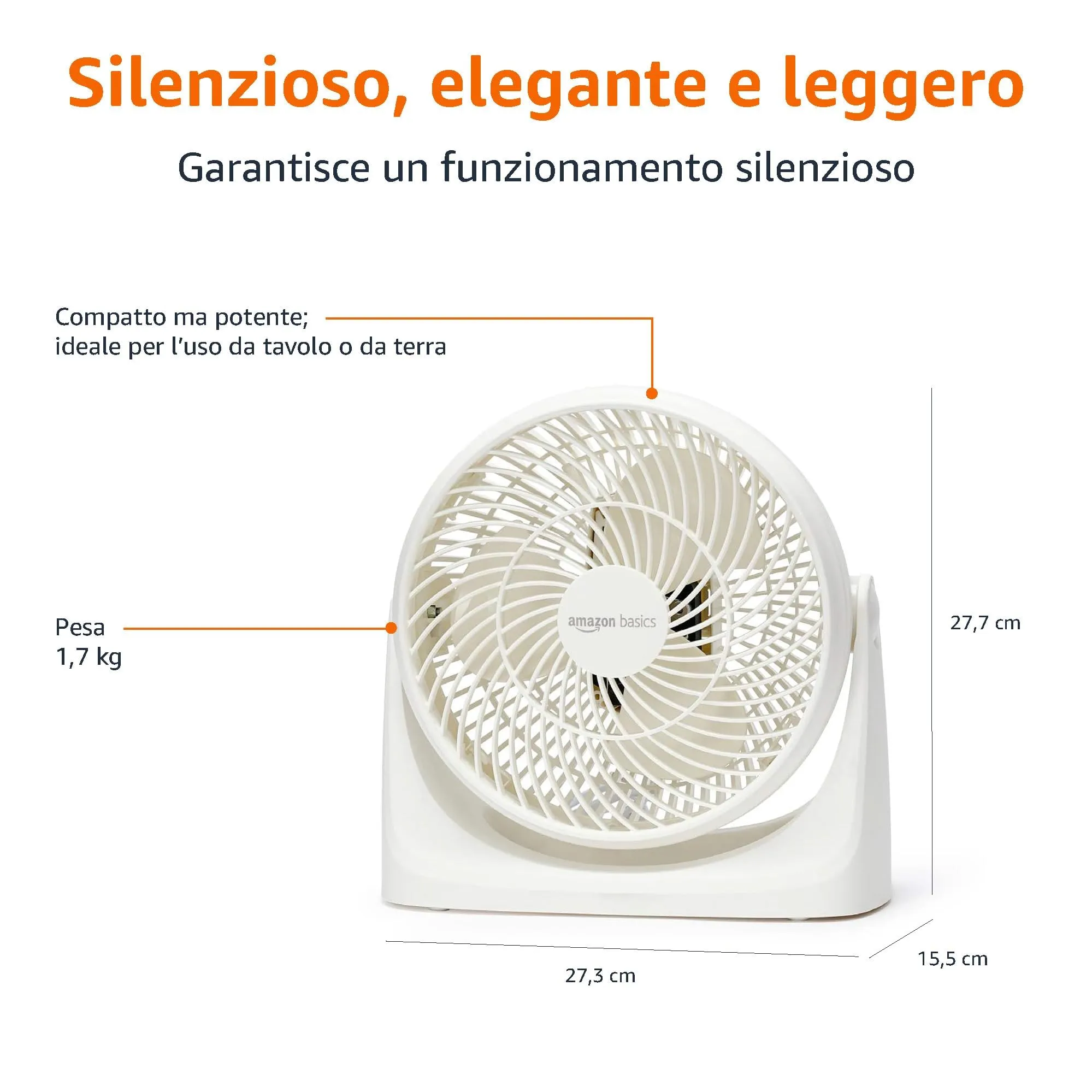 Amazon Basics Ventilatore da tavolo portatile 18 cm, Bianco - immagine 4
