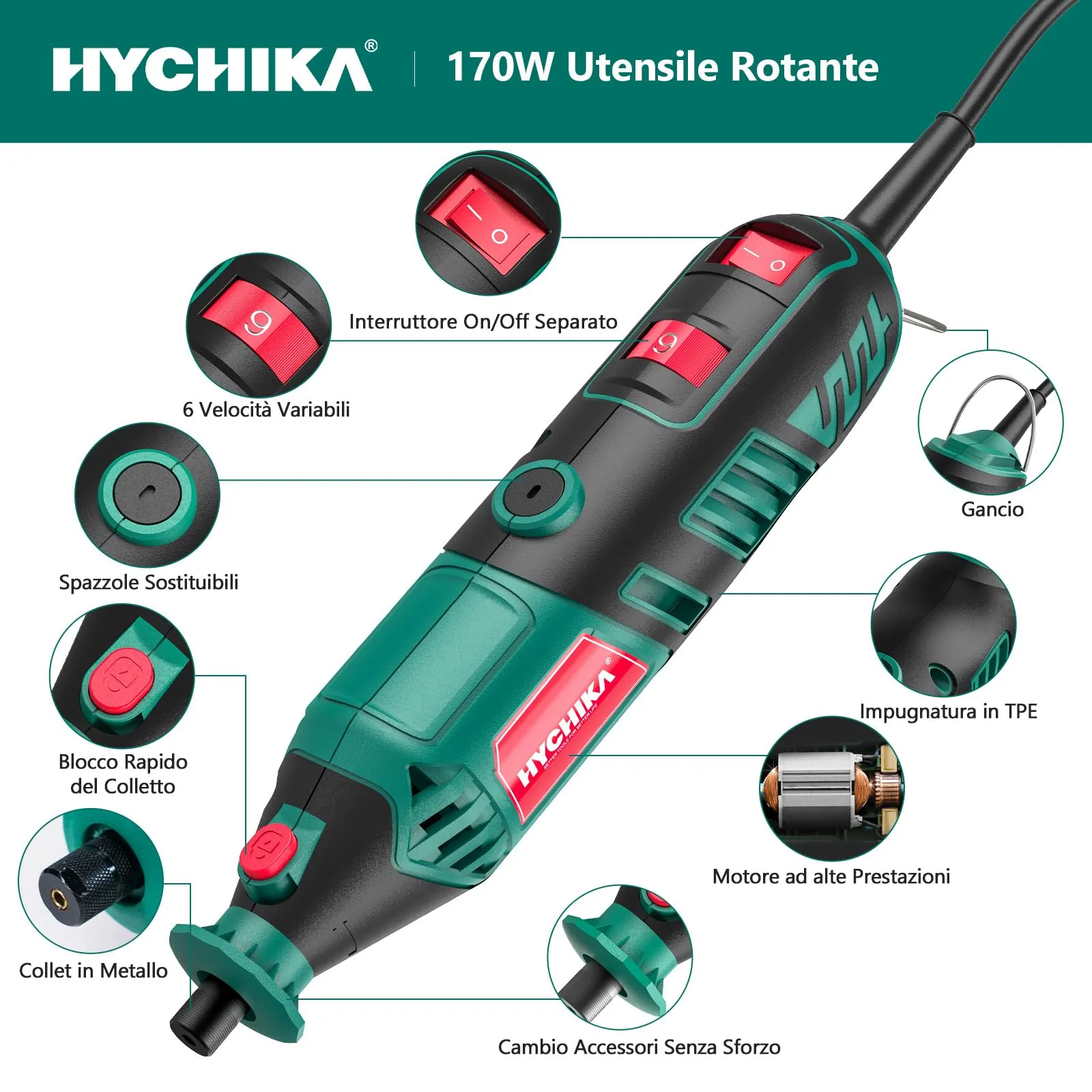 HYCHIKA Utensile Rotante 170W, 6 Velocità Variabili 8000-35000 RPM, Verde - immagine 3