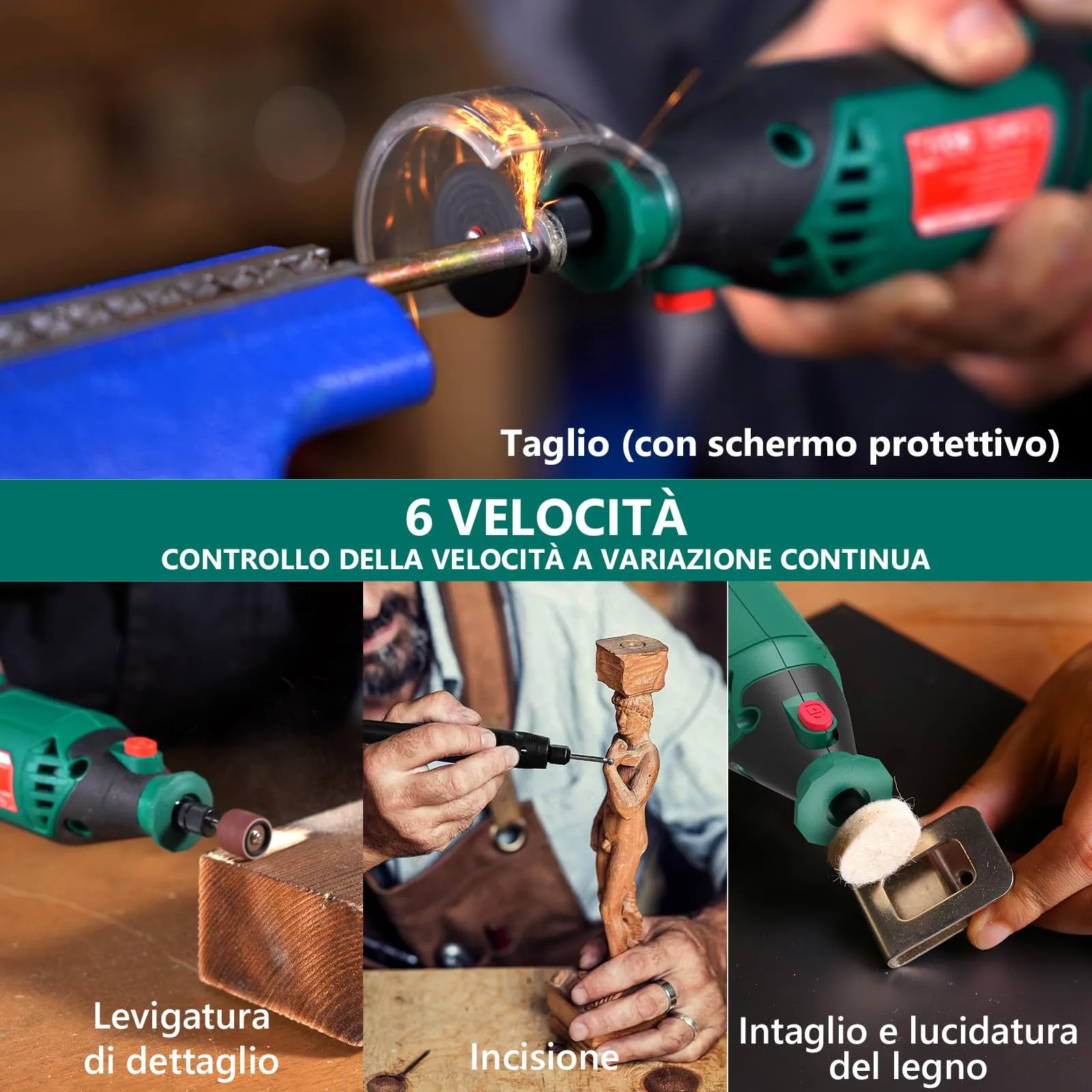 HYCHIKA Utensile Rotante 170W, 6 Velocità Variabili 8000-35000 RPM, Verde - immagine 6