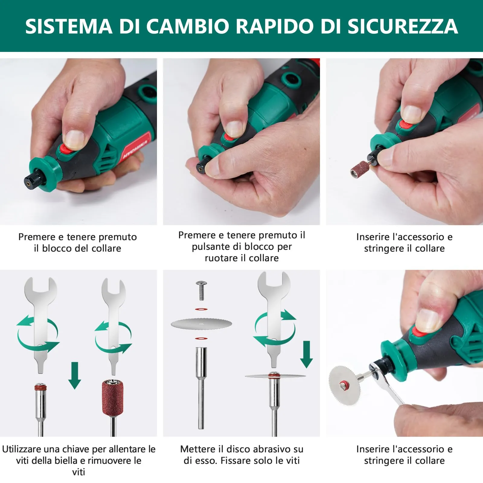 HYCHIKA Utensile Rotante 170W, 6 Velocità Variabili 8000-35000 RPM, Verde - immagine 7