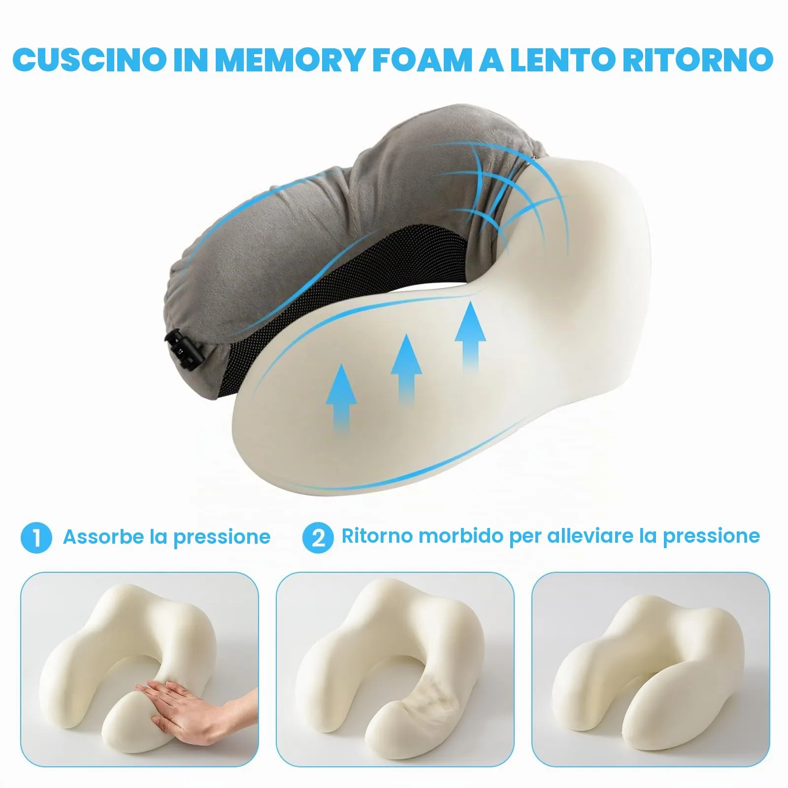 Good Nite Cuscino Da Viaggio in Memory Foam con Supporto Cervicale, Grigio - immagine 3