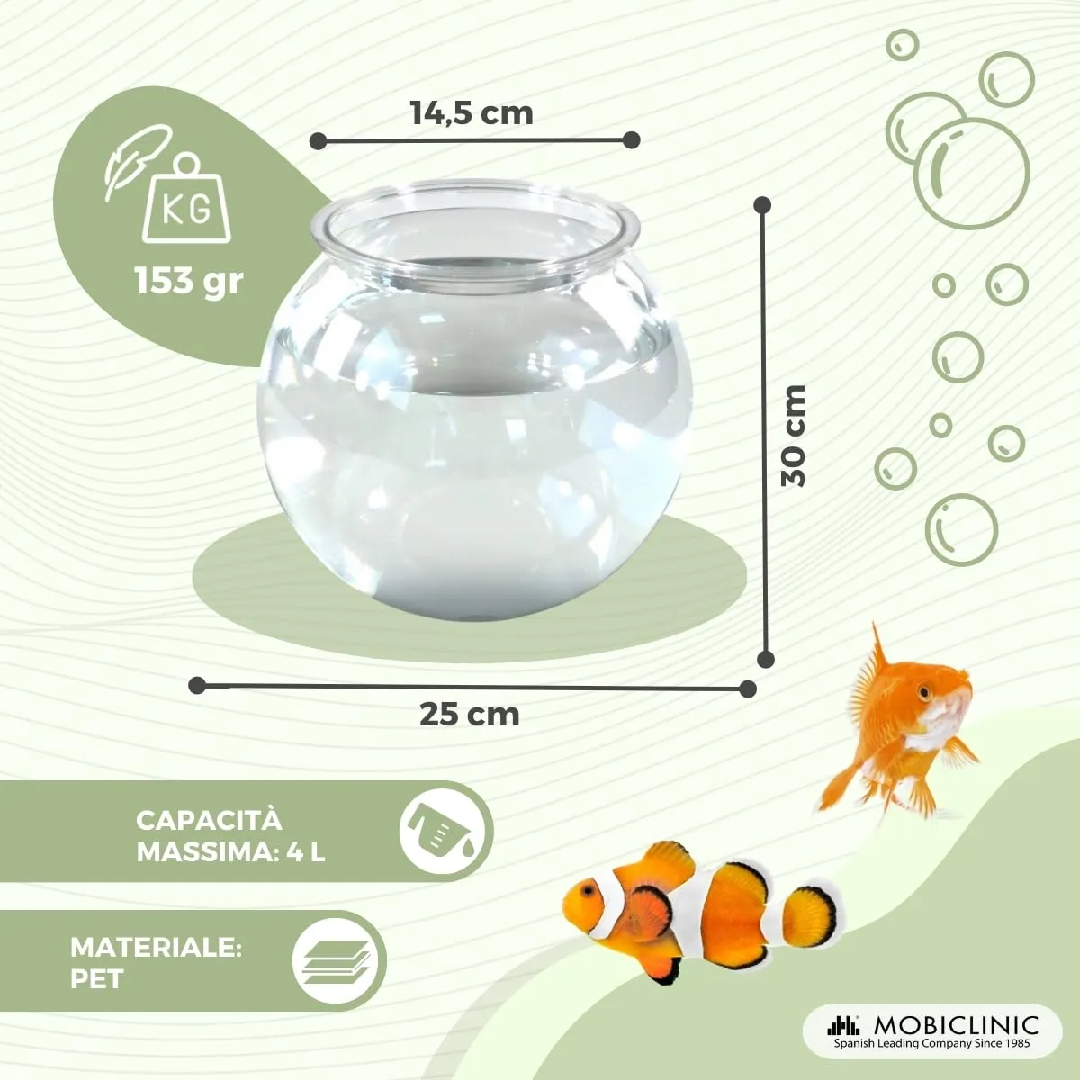 Mobiclinic Nemo Boccia per pesci, 4 litri, Plastica PET, Trasparente, 20x20x17,5 cm - immagine 2