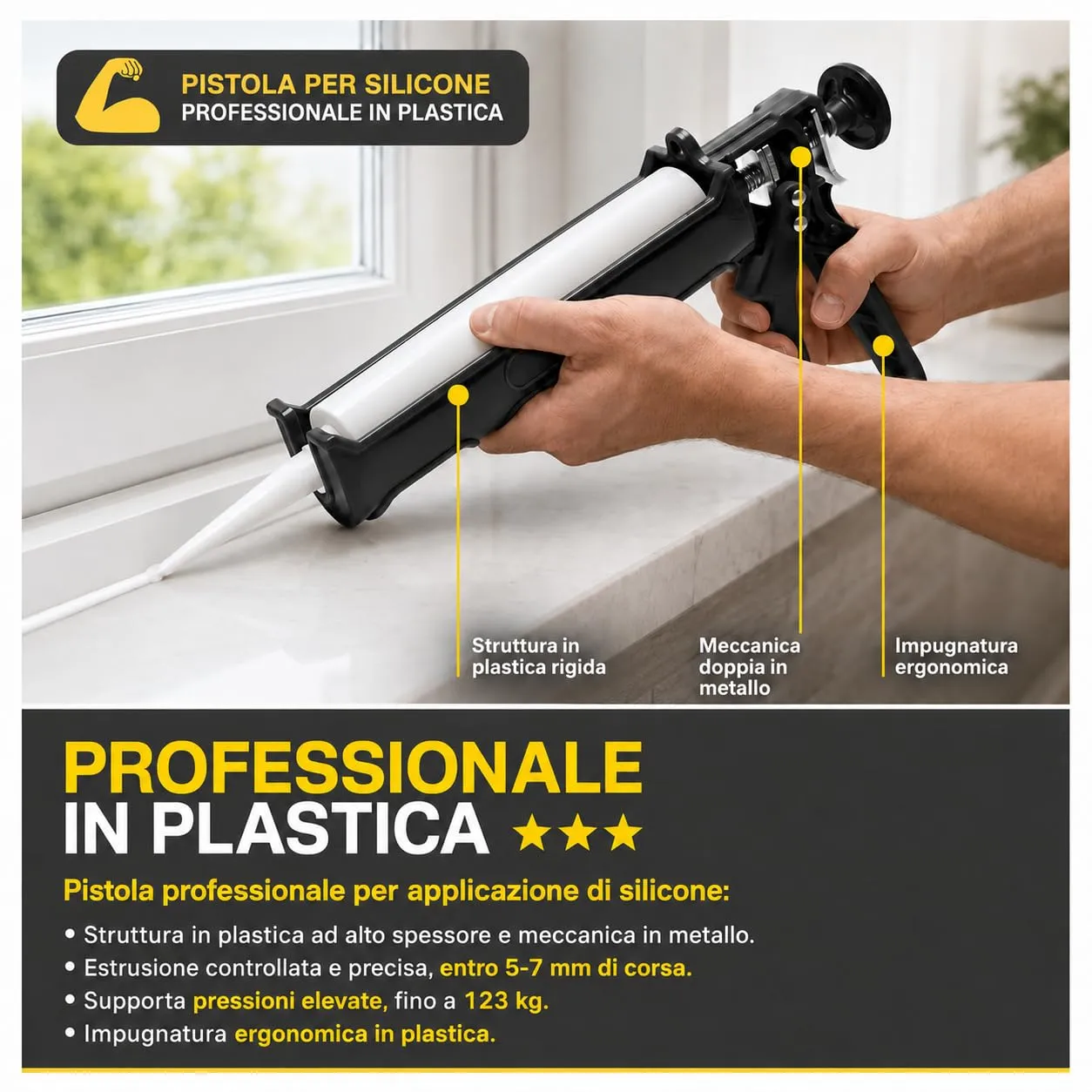 Boldrini Pistola per Silicone Anti-Goccia in Plastica e Metallo, per Cartucce Silicone, Acrilico e Sigillanti, Pressione fino a 123 kg, Rossa - immagine 2