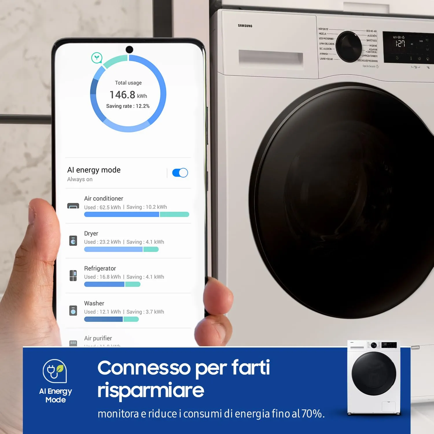 Samsung Crystal WiFi Lavasciuga WD90DG5B15BEET, 9+6 kg, AI Ecobubble, AI Energy Mode, Carica Frontale, 60x85x60 cm - immagine 2
