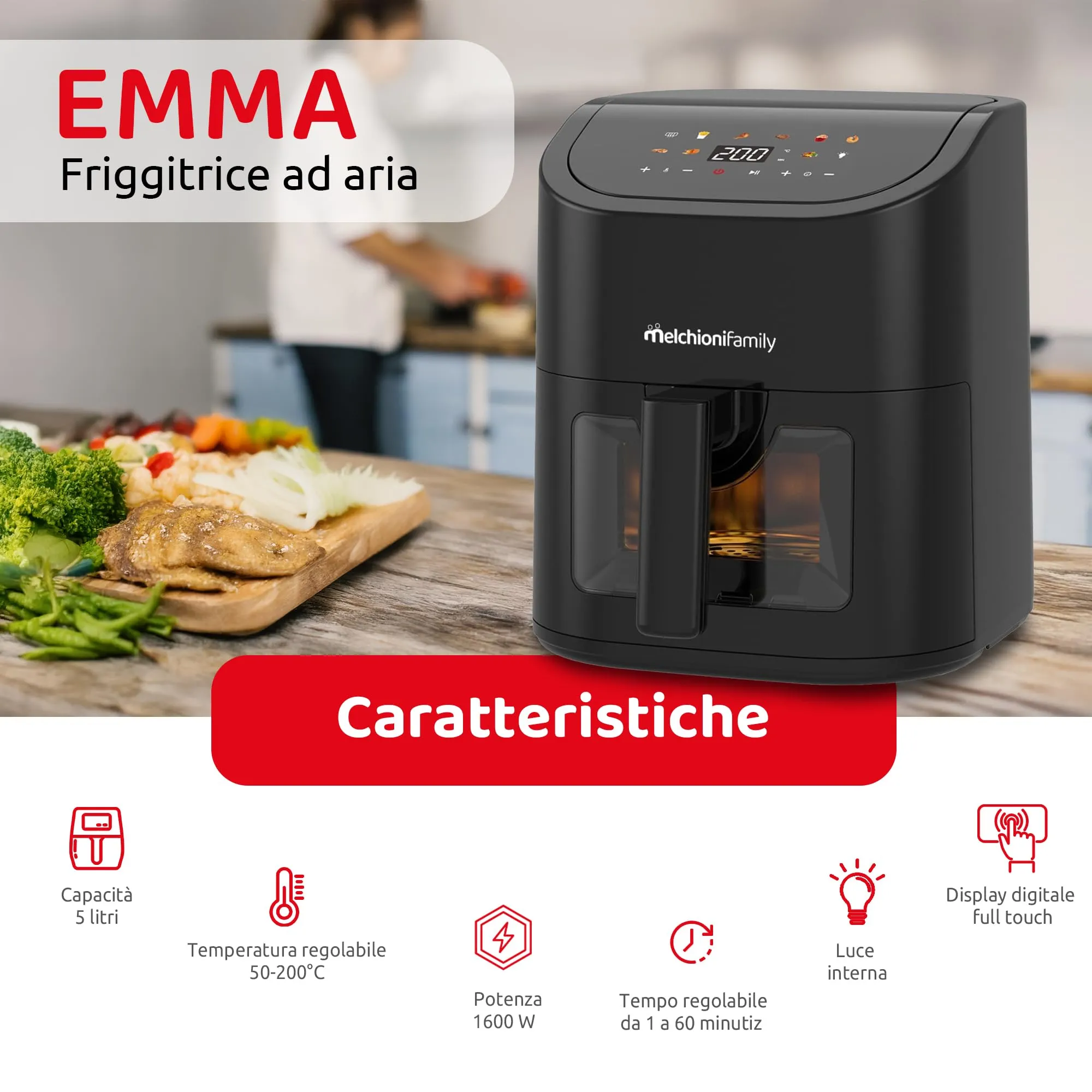 Melchioni Emma Friggitrice ad Aria 5L, 8 Programmi, Display Touch, 1500W - immagine 2