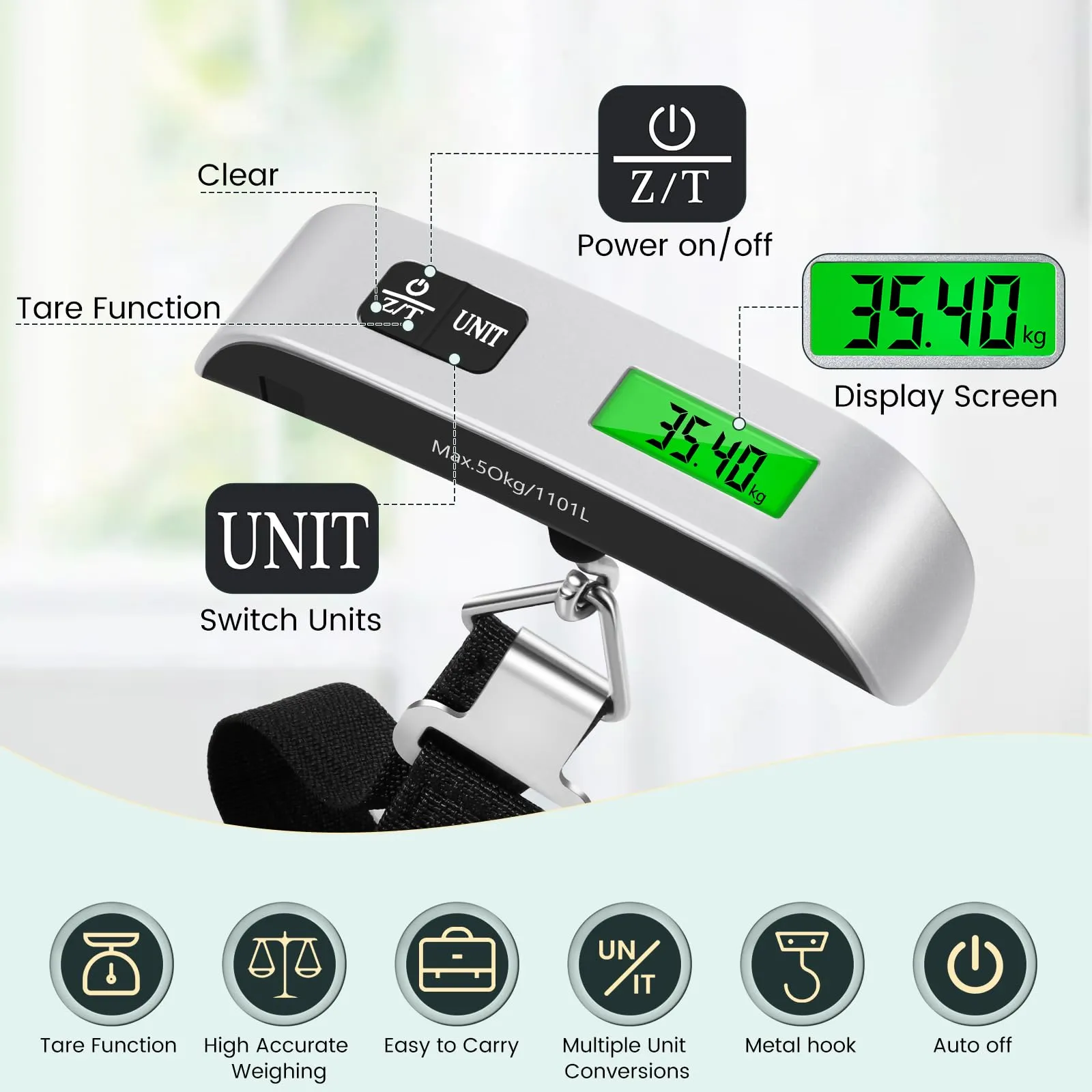 Brencco Bilancia Digitale per Valigie, 50kg/110lb, Display LCD e Funzione Tara, Argento - immagine 3