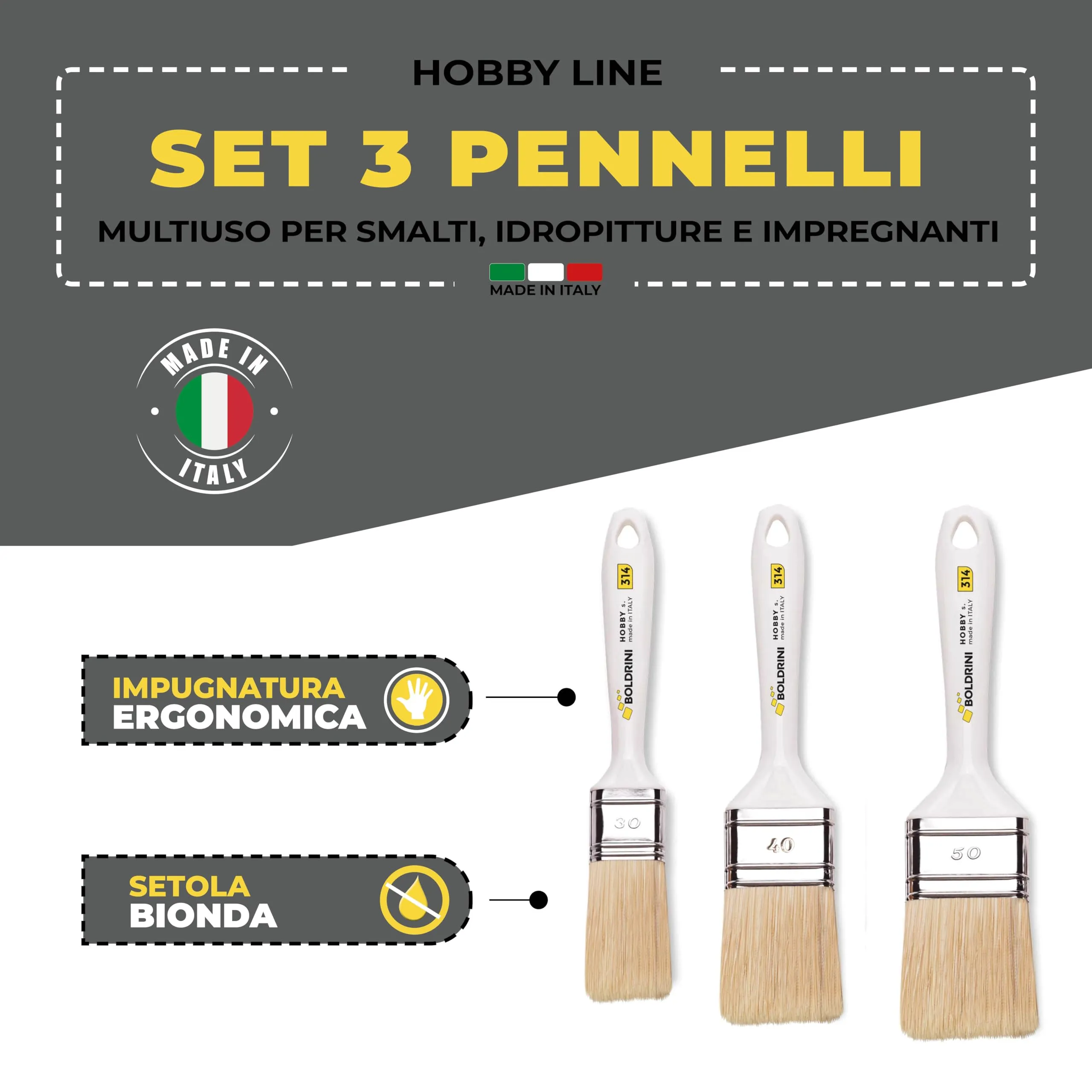 Boldrini Set 3 Pennelli per pittura 3/4/5 cm, Manico in plastica bianco, Setola bionda universale - immagine 3