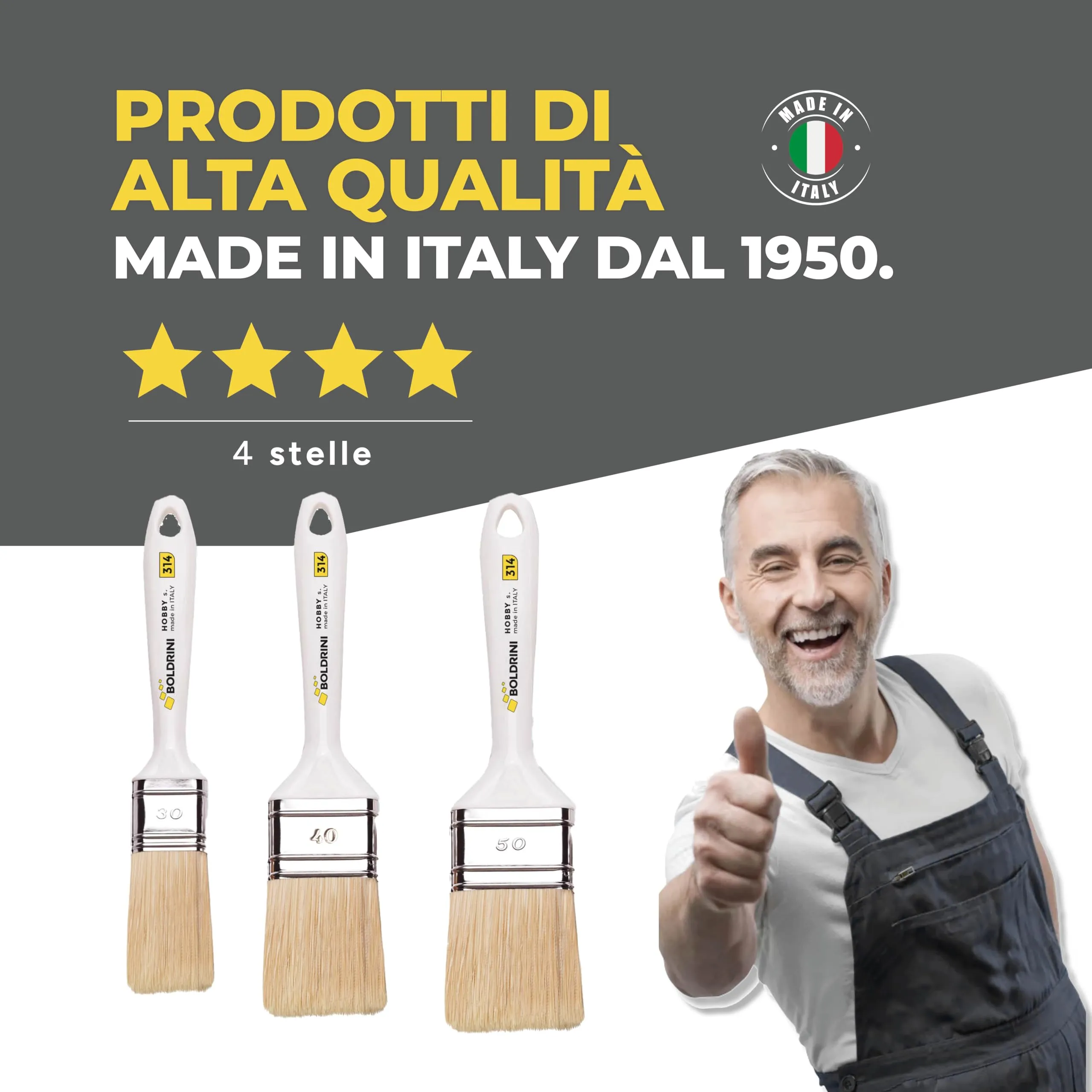 Boldrini Set 3 Pennelli per pittura 3/4/5 cm, Manico in plastica bianco, Setola bionda universale - immagine 7