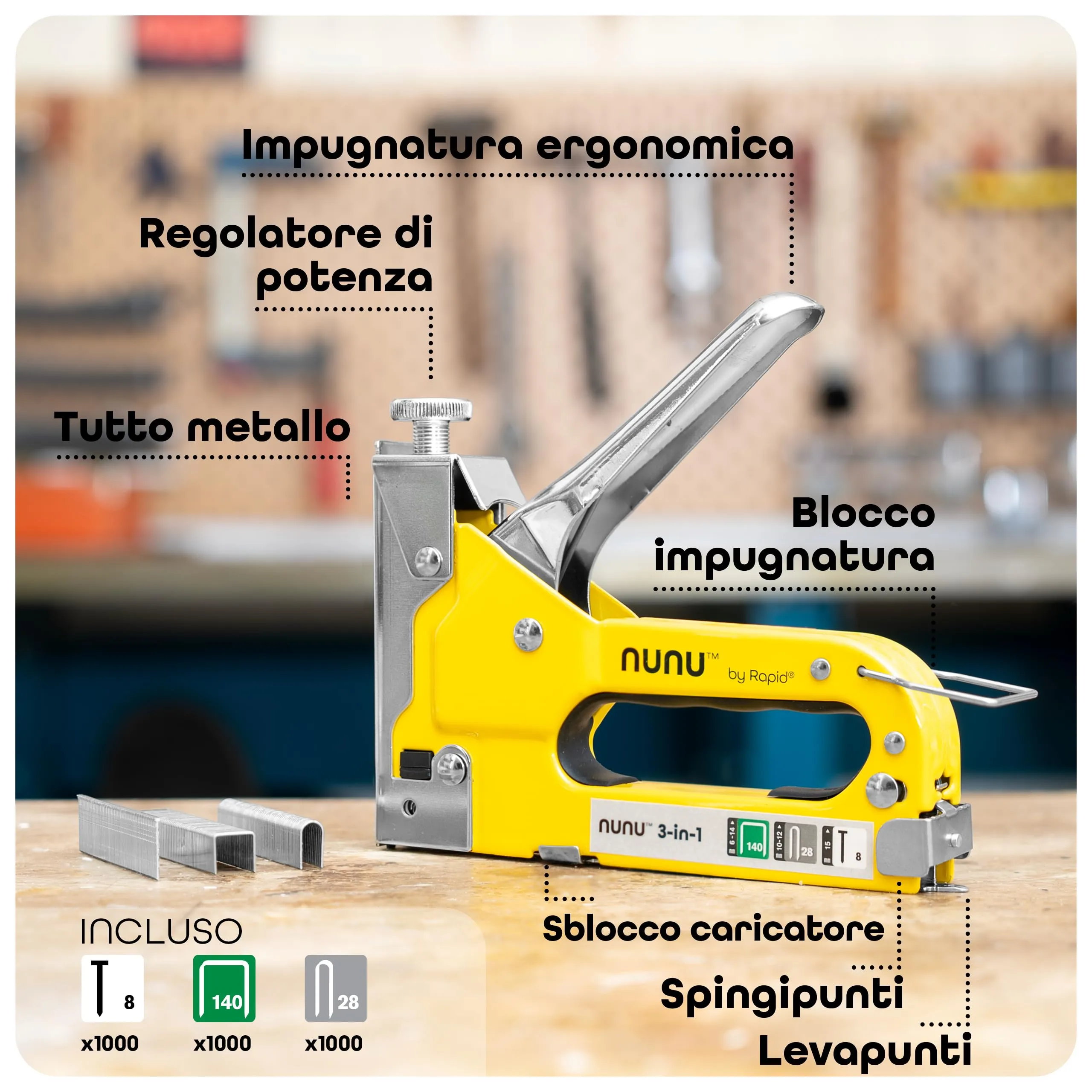 Rapid NUNU Pistola Sparapunti 3 in 1 per Legno, Tappezzeria e Cavi - Giallo - immagine 2