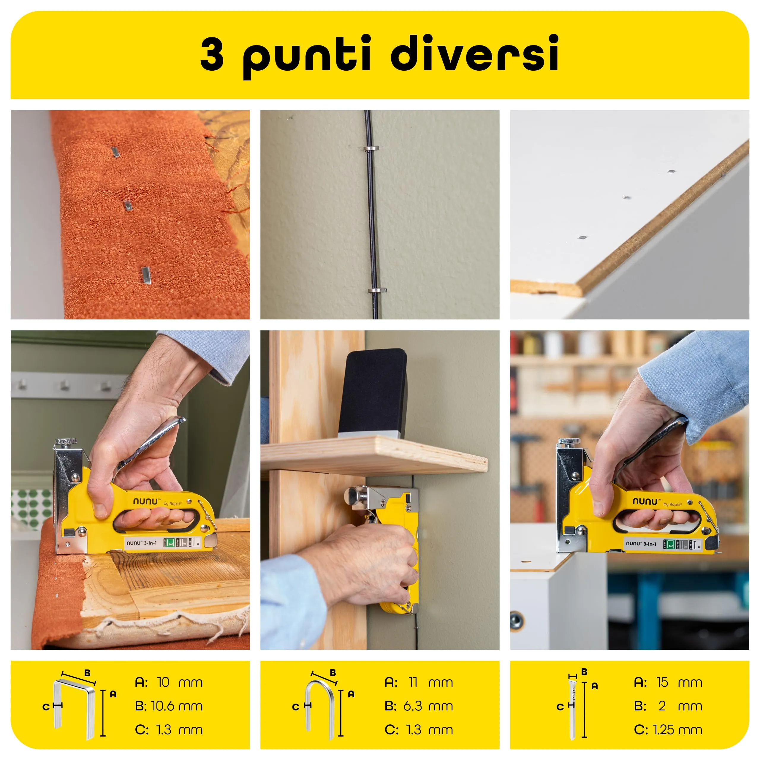 Rapid NUNU Pistola Sparapunti 3 in 1 per Legno, Tappezzeria e Cavi - Giallo - immagine 5
