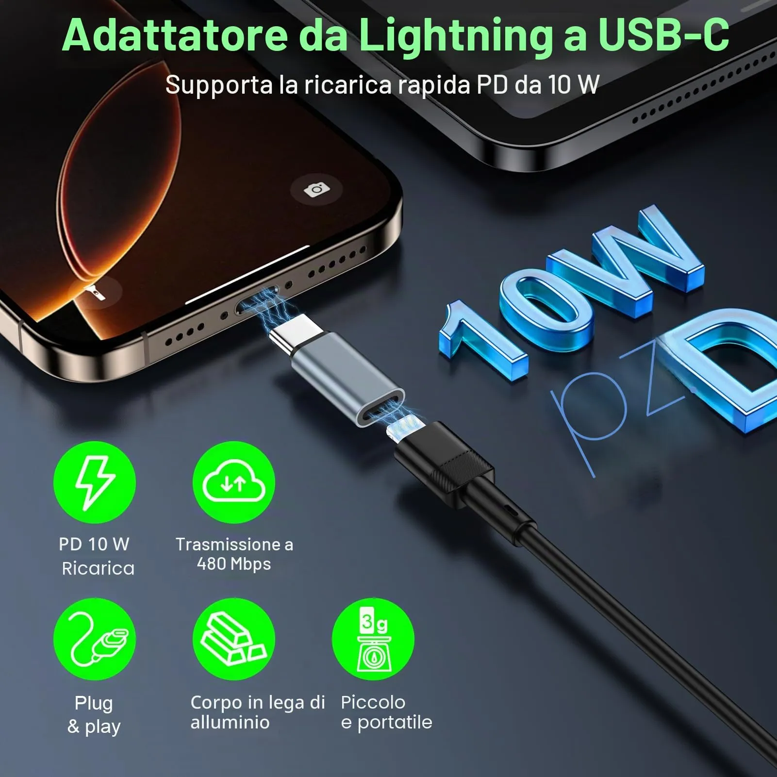 Zacenei Adattatore da Lightning a USB C, 4 pezzi, per iPhone 17/16/15, Galaxy S24/S23, iPad, Grigio - immagine 3