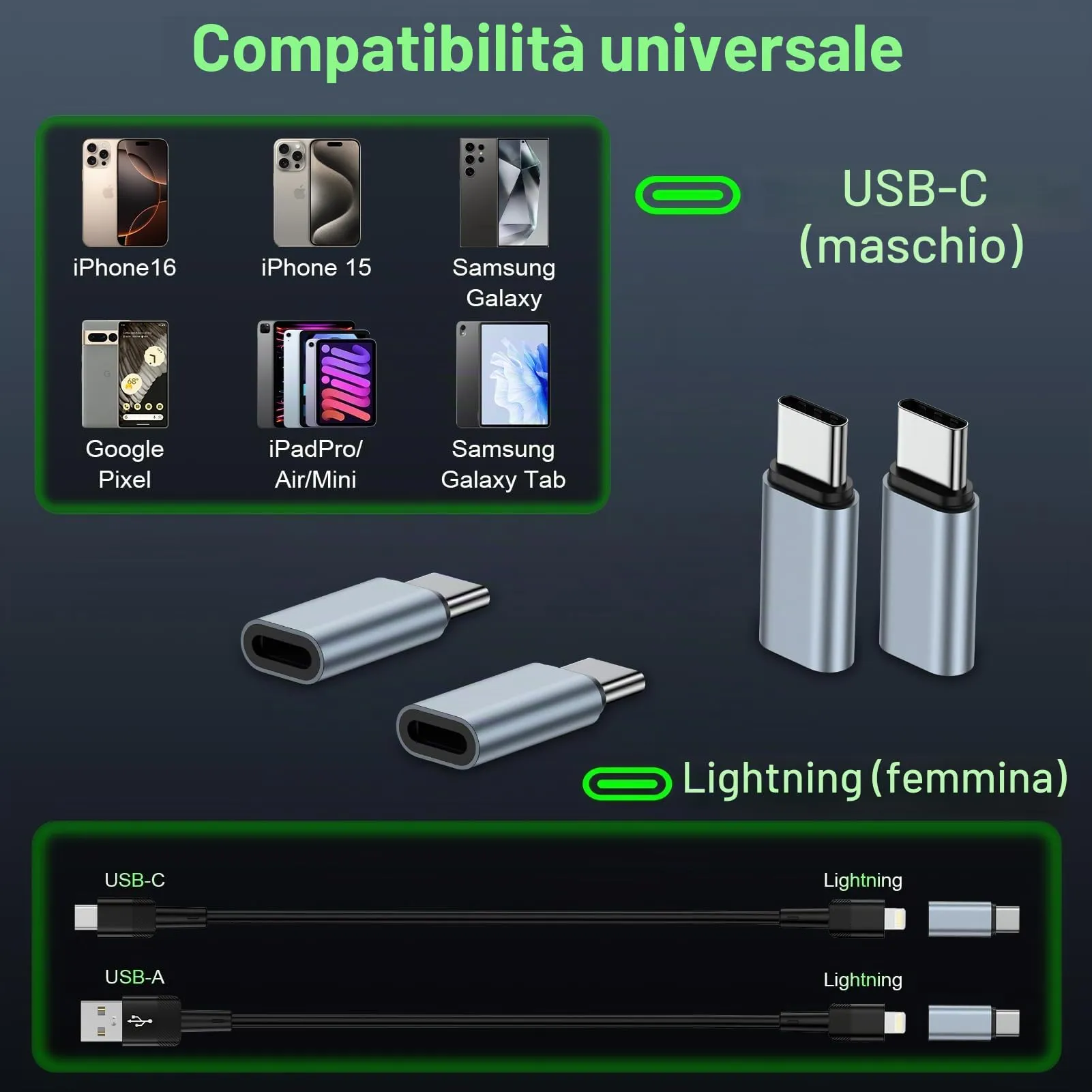 Zacenei Adattatore da Lightning a USB C, 4 pezzi, per iPhone 17/16/15, Galaxy S24/S23, iPad, Grigio - immagine 7