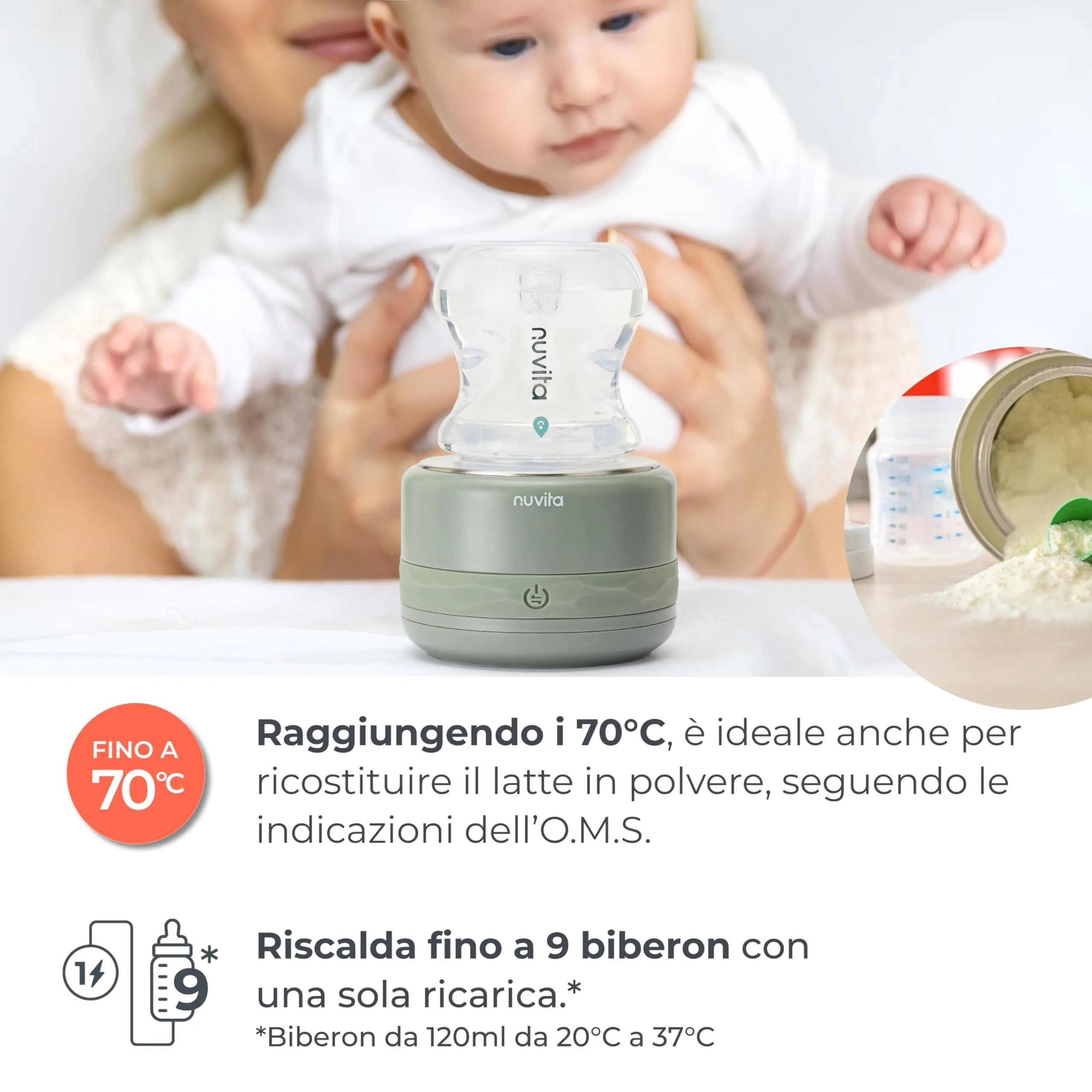 Nuvita 1166 Warm70 Scaldabiberon Portatile Senza Fili, Ricaricabile USB, Sage Green - immagine 3
