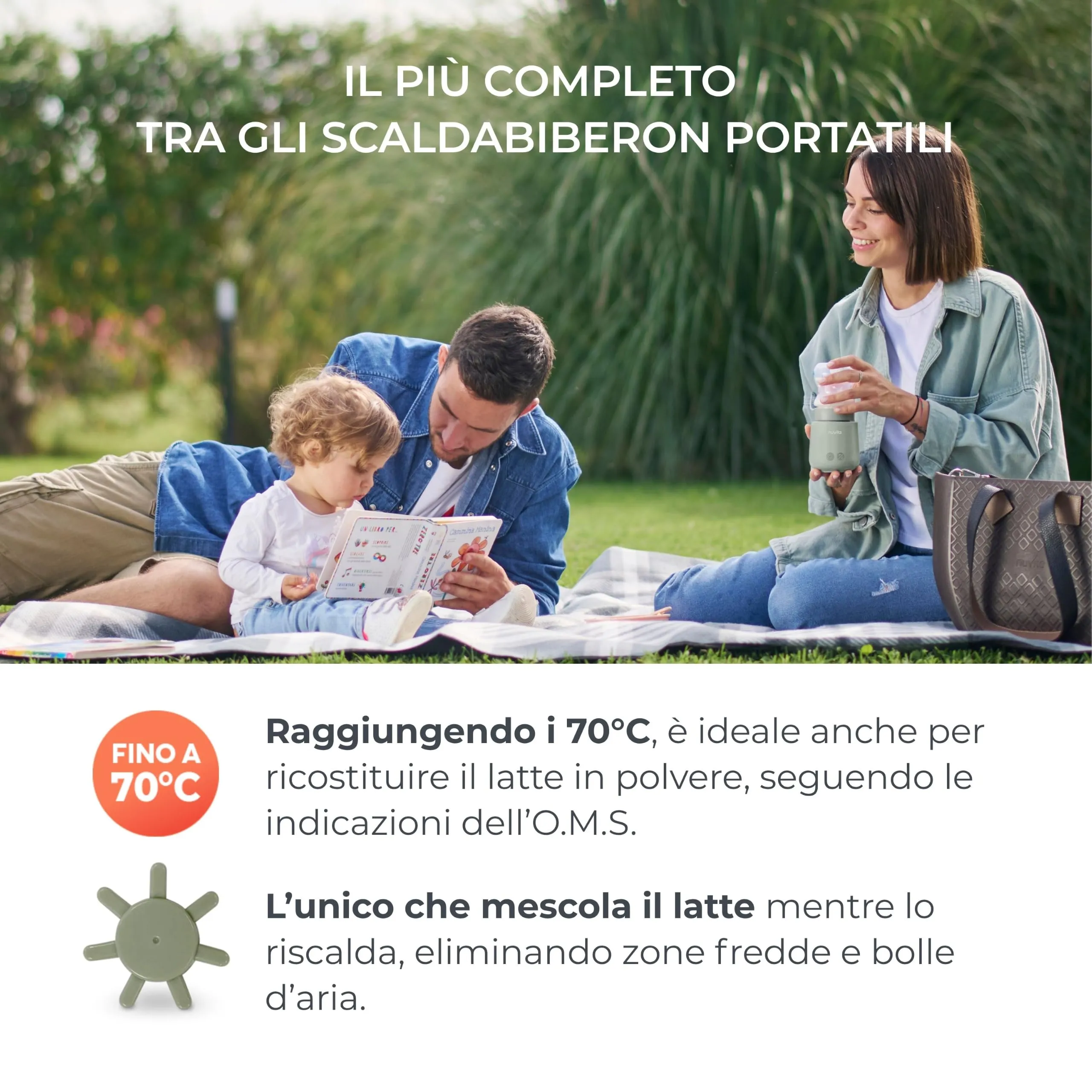 Nuvita Mix70 Scaldabiberon Portatile con Funzione Mescolamento, 5 Temperature fino a 70°C, 6 Adattatori Inclusi, Batteria Ricaricabile, Display LED, Sage Green - immagine 2