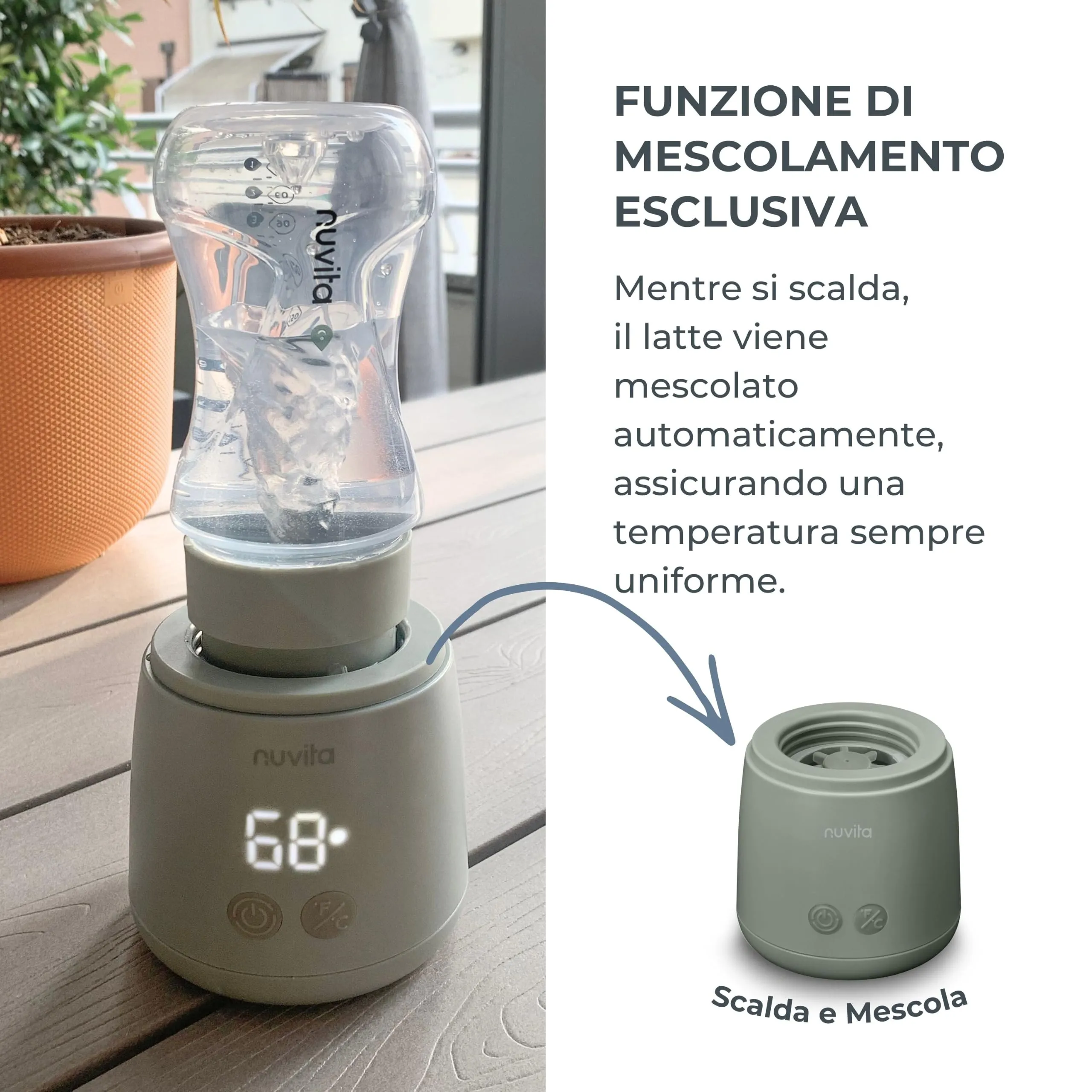 Nuvita Mix70 Scaldabiberon Portatile con Funzione Mescolamento, 5 Temperature fino a 70°C, 6 Adattatori Inclusi, Batteria Ricaricabile, Display LED, Sage Green - immagine 3