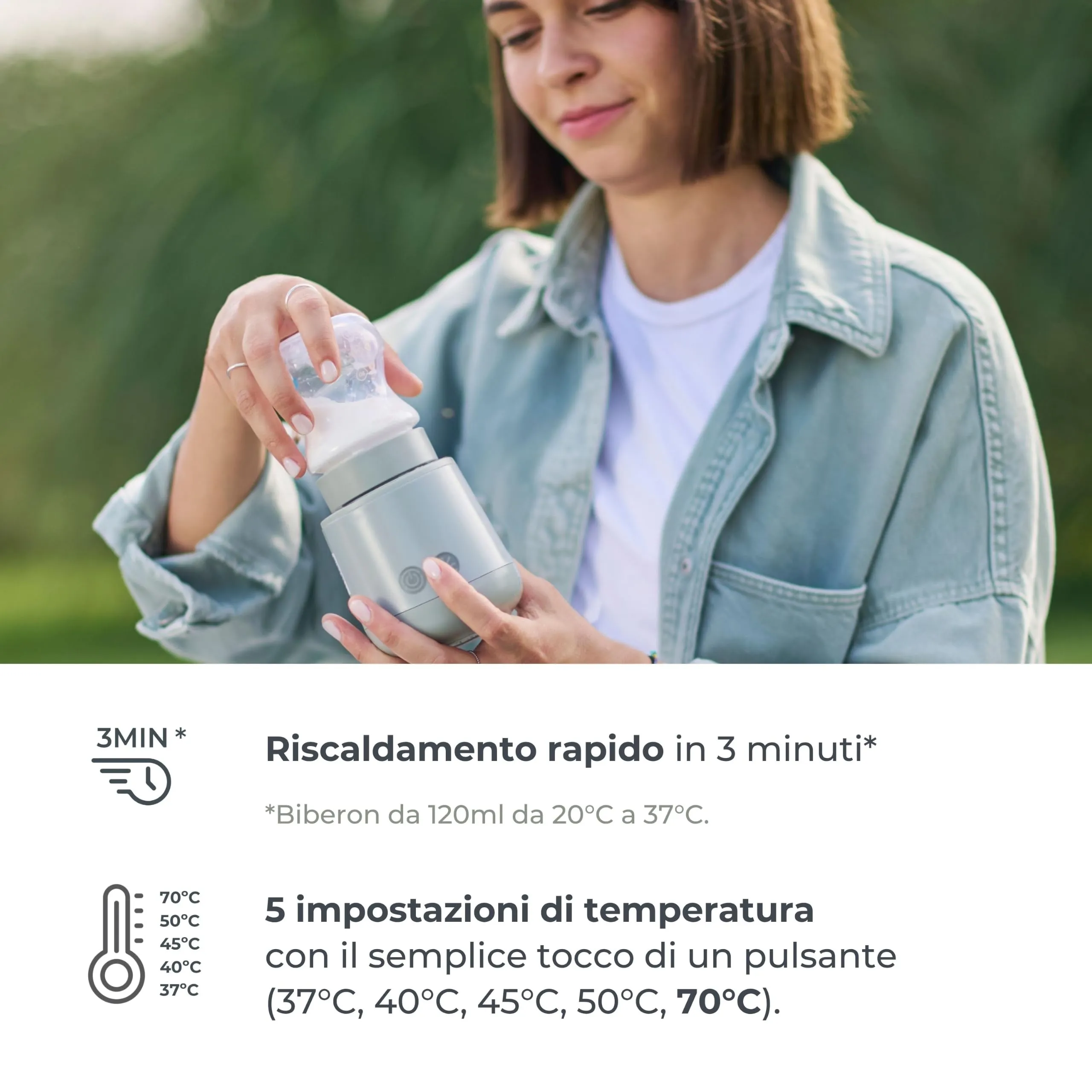 Nuvita Mix70 Scaldabiberon Portatile con Funzione Mescolamento, 5 Temperature fino a 70°C, 6 Adattatori Inclusi, Batteria Ricaricabile, Display LED, Sage Green - immagine 4