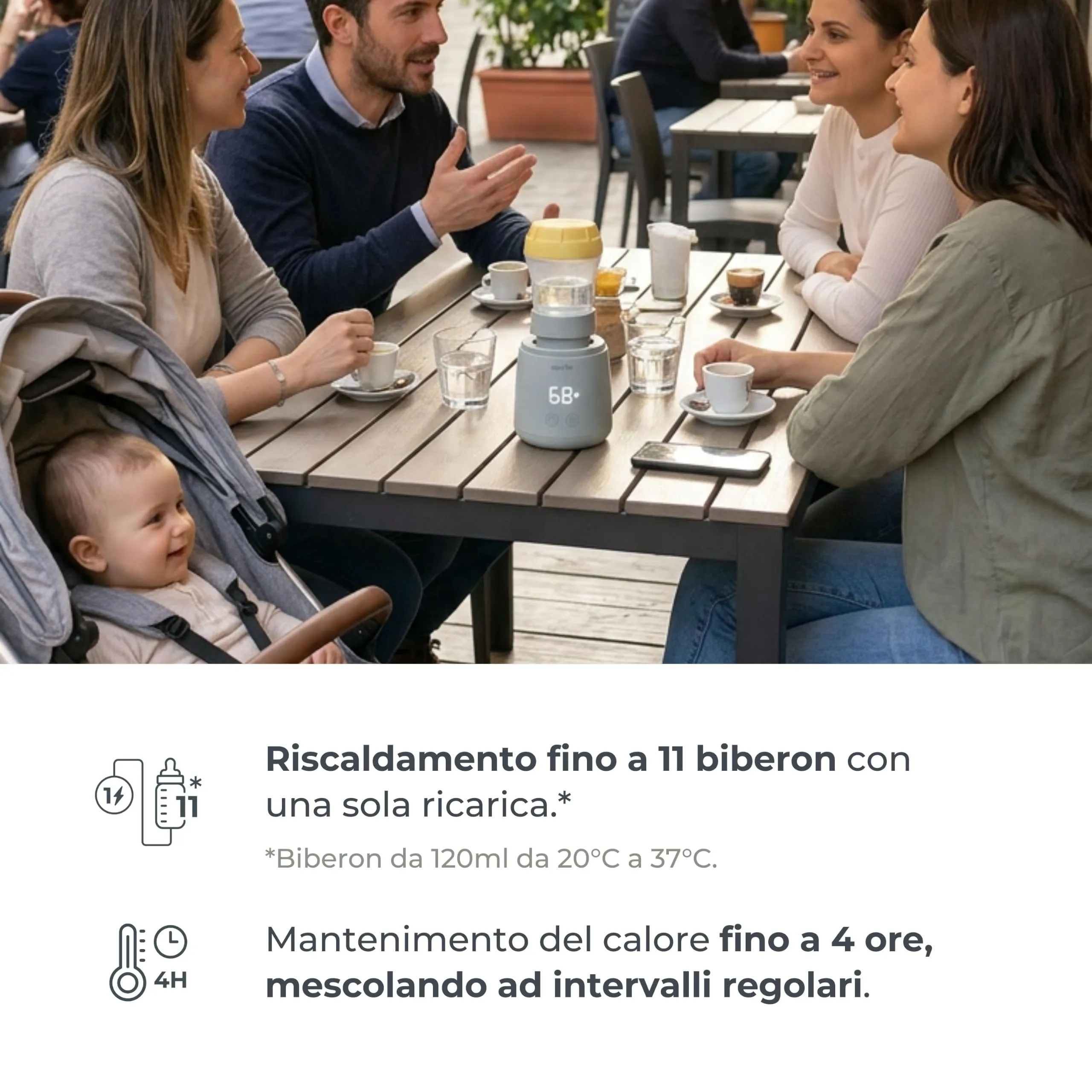 Nuvita Mix70 Scaldabiberon Portatile con Funzione Mescolamento, 5 Temperature fino a 70°C, 6 Adattatori Inclusi, Batteria Ricaricabile, Display LED, Sage Green - immagine 7