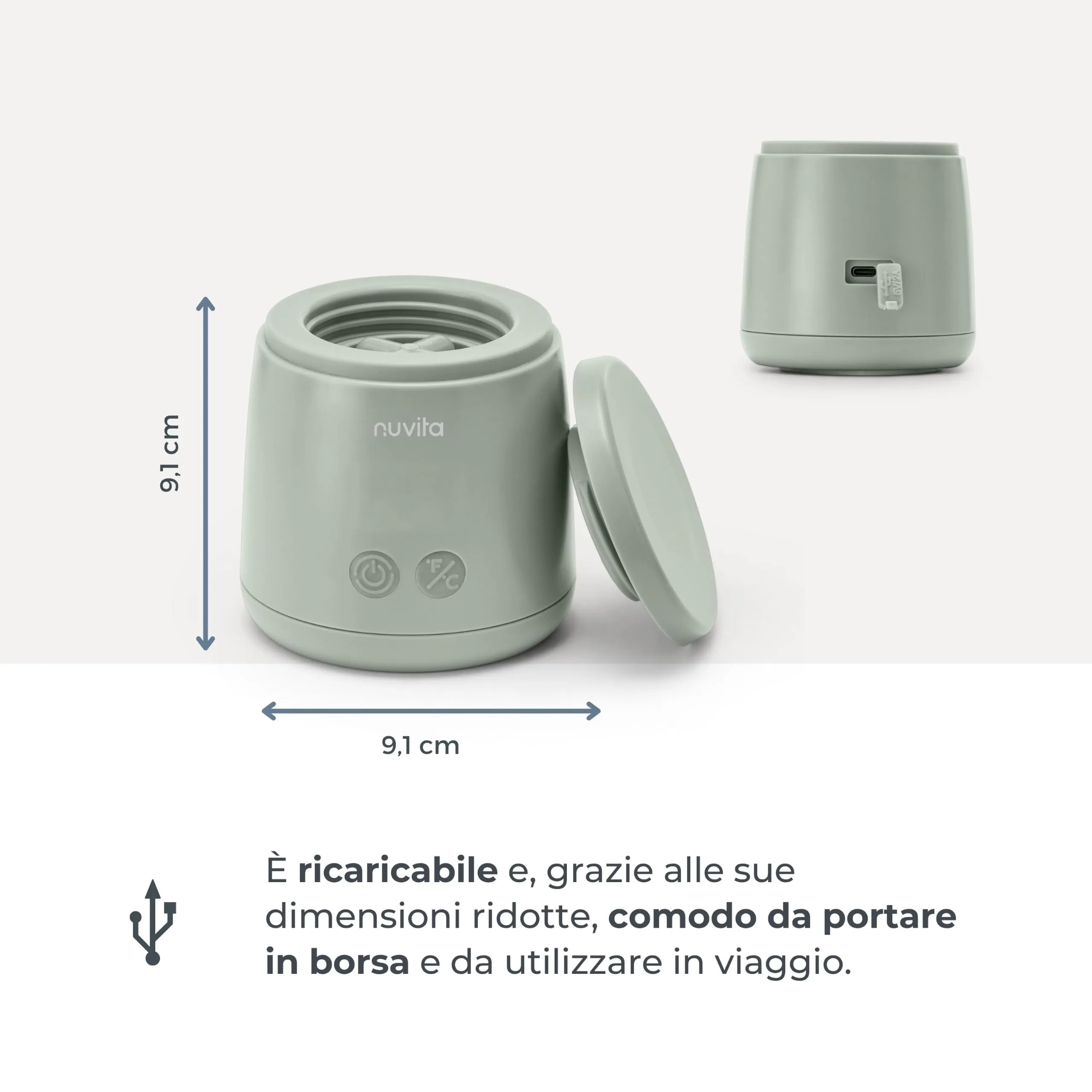 Nuvita Mix70 Scaldabiberon Portatile con Funzione Mescolamento, 5 Temperature fino a 70°C, 6 Adattatori Inclusi, Batteria Ricaricabile, Display LED, Sage Green - immagine 8