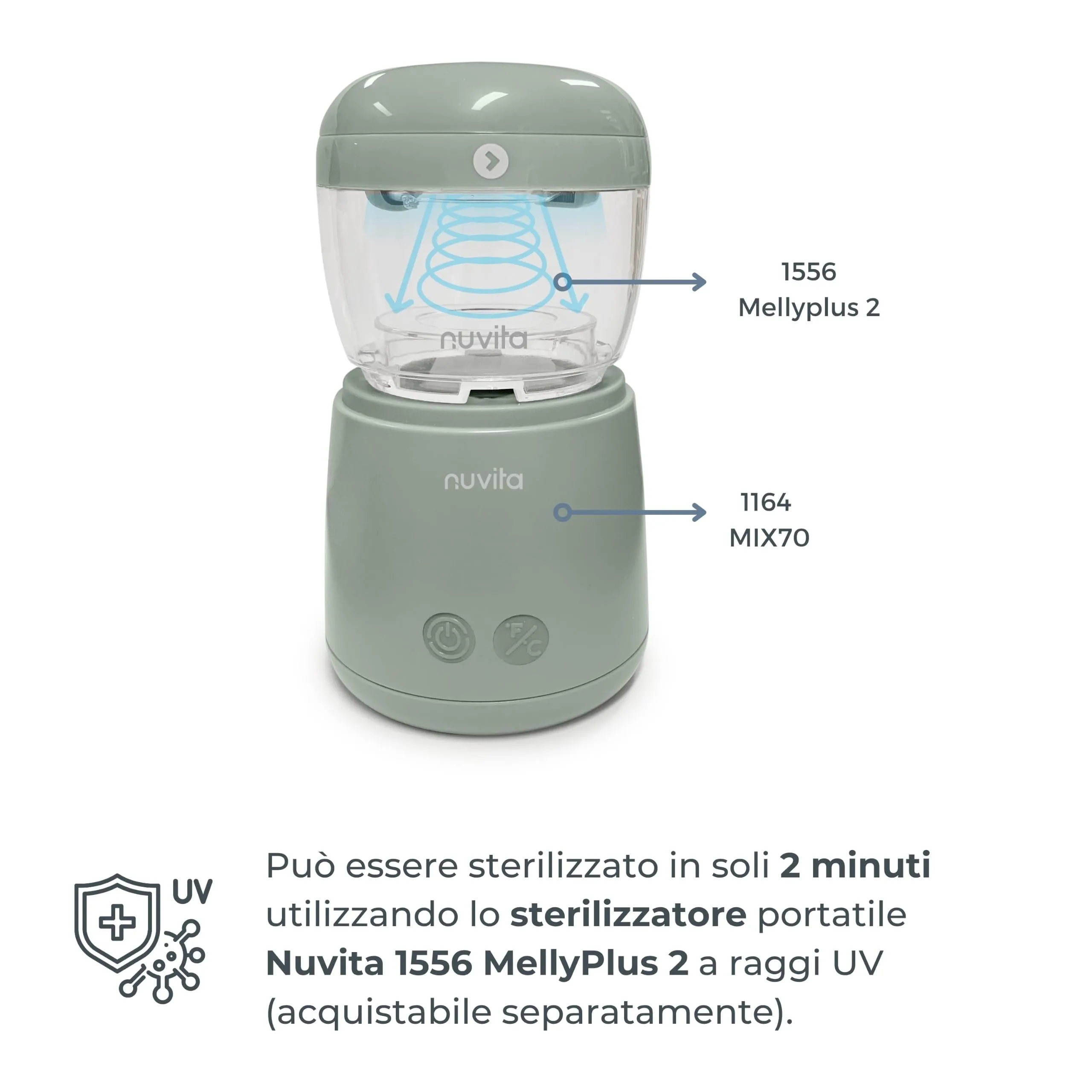 Nuvita Mix70 Scaldabiberon Portatile con Funzione Mescolamento, 5 Temperature fino a 70°C, 6 Adattatori Inclusi, Batteria Ricaricabile, Display LED, Sage Green - immagine 9