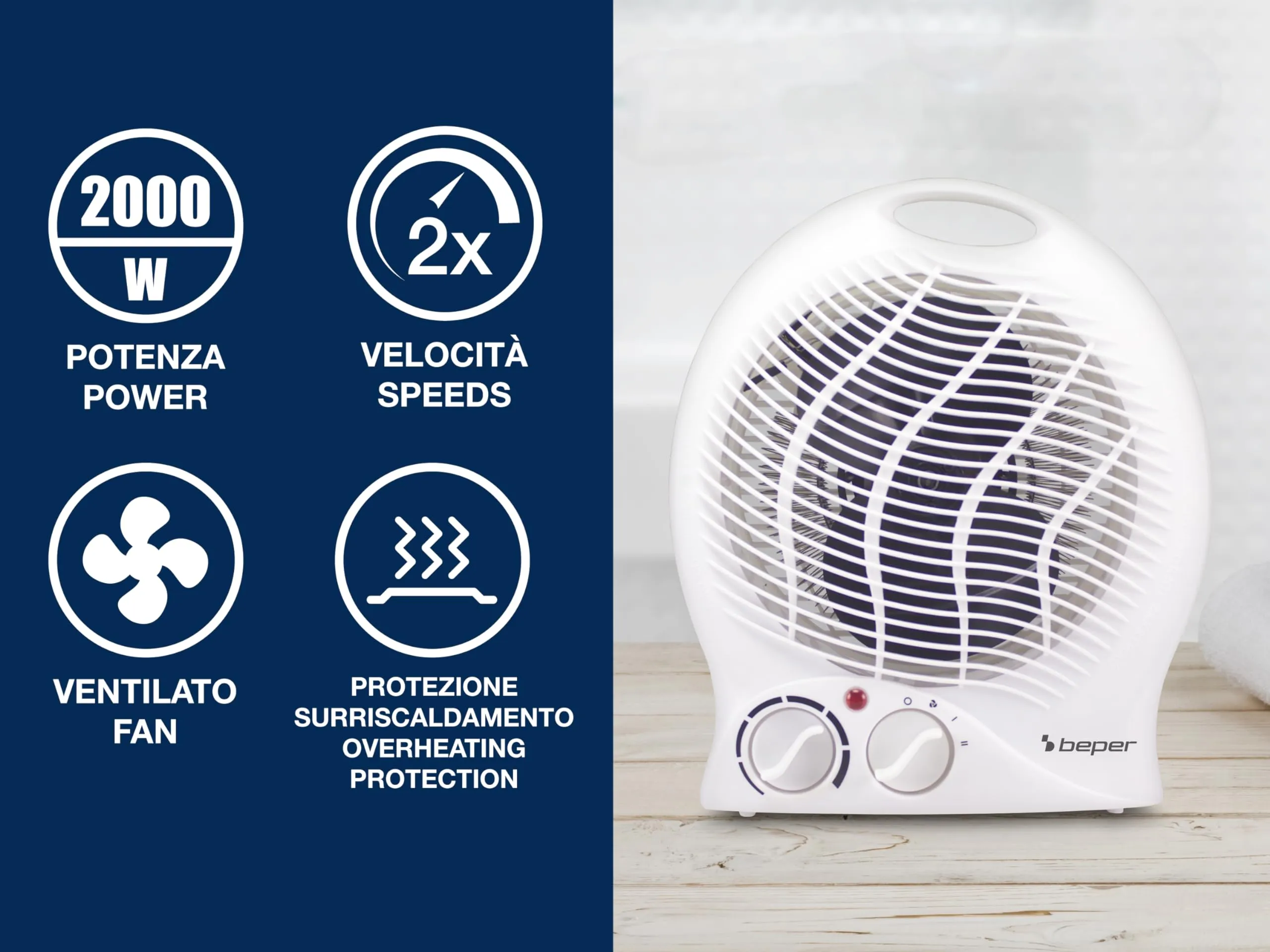 Beper P203TER203 Termoventilatore Elettrico 2000W con Termostato e Funzione Ventilazione, Bianco - immagine 2