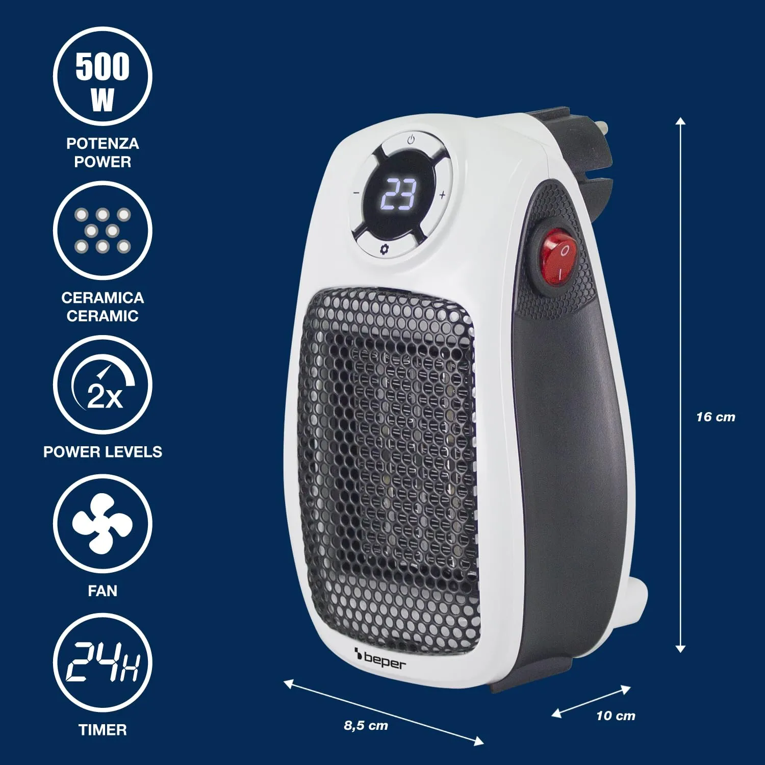 BEPER P203TER350 Mini Termoventilatore Ceramico 500W/1000W con Display LED, Timer 24h e Termostato - immagine 2