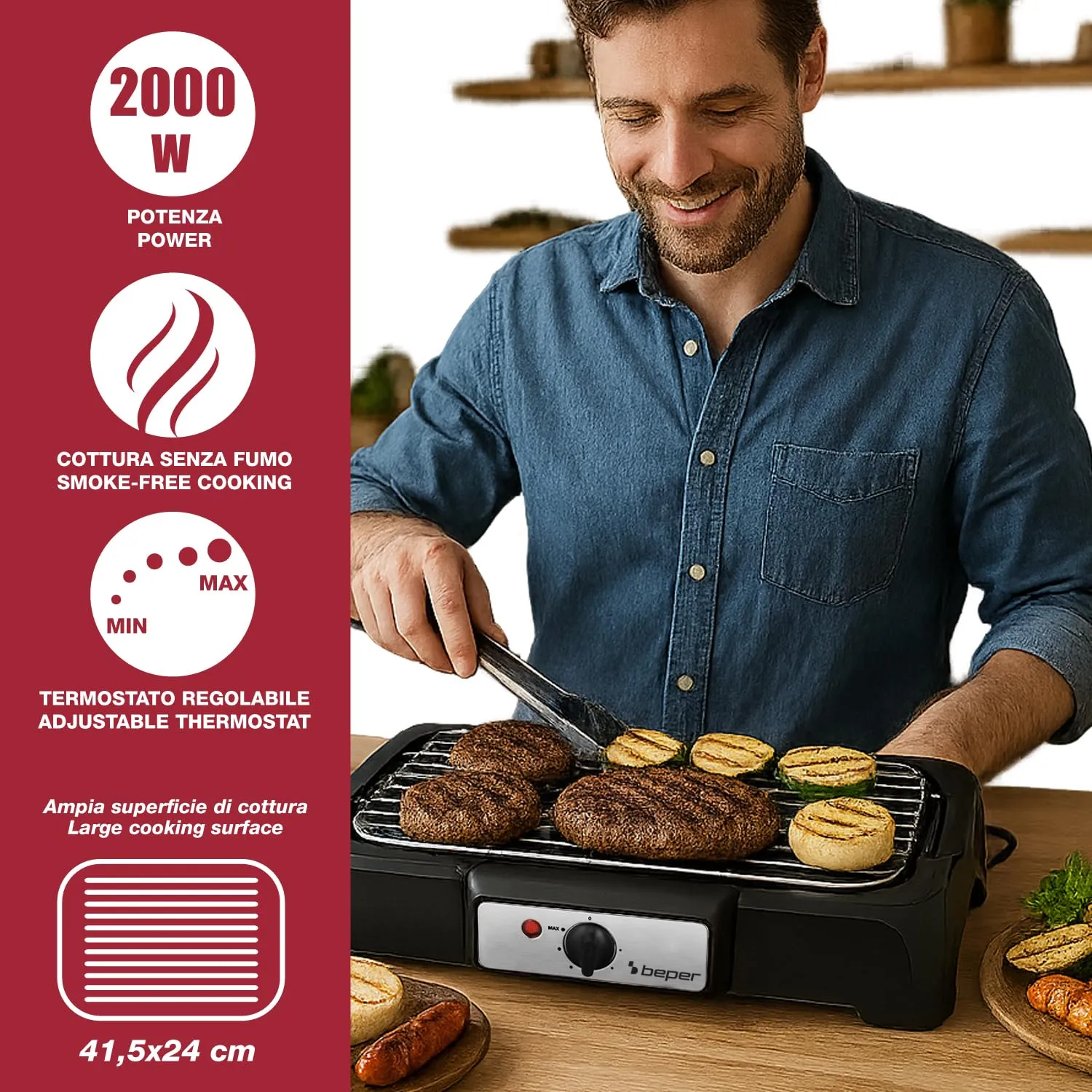 BEPER P101BBQ001 Barbecue Elettrico 2000W, Griglia XXL 41,5x24 cm - immagine 2
