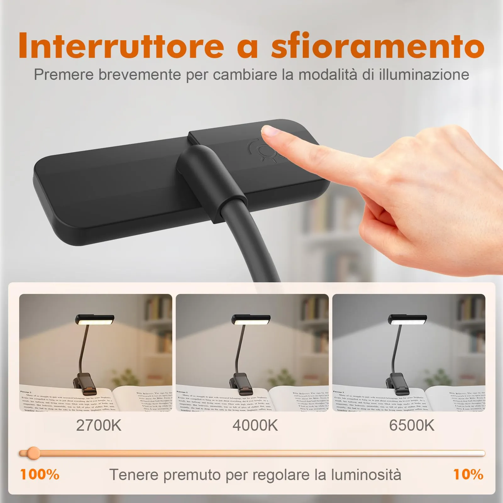 GRIFEMA Lampada da lettura con clip, 10 LED, USB-C, Testa girevole 180°, Nero, GD106 - immagine 2