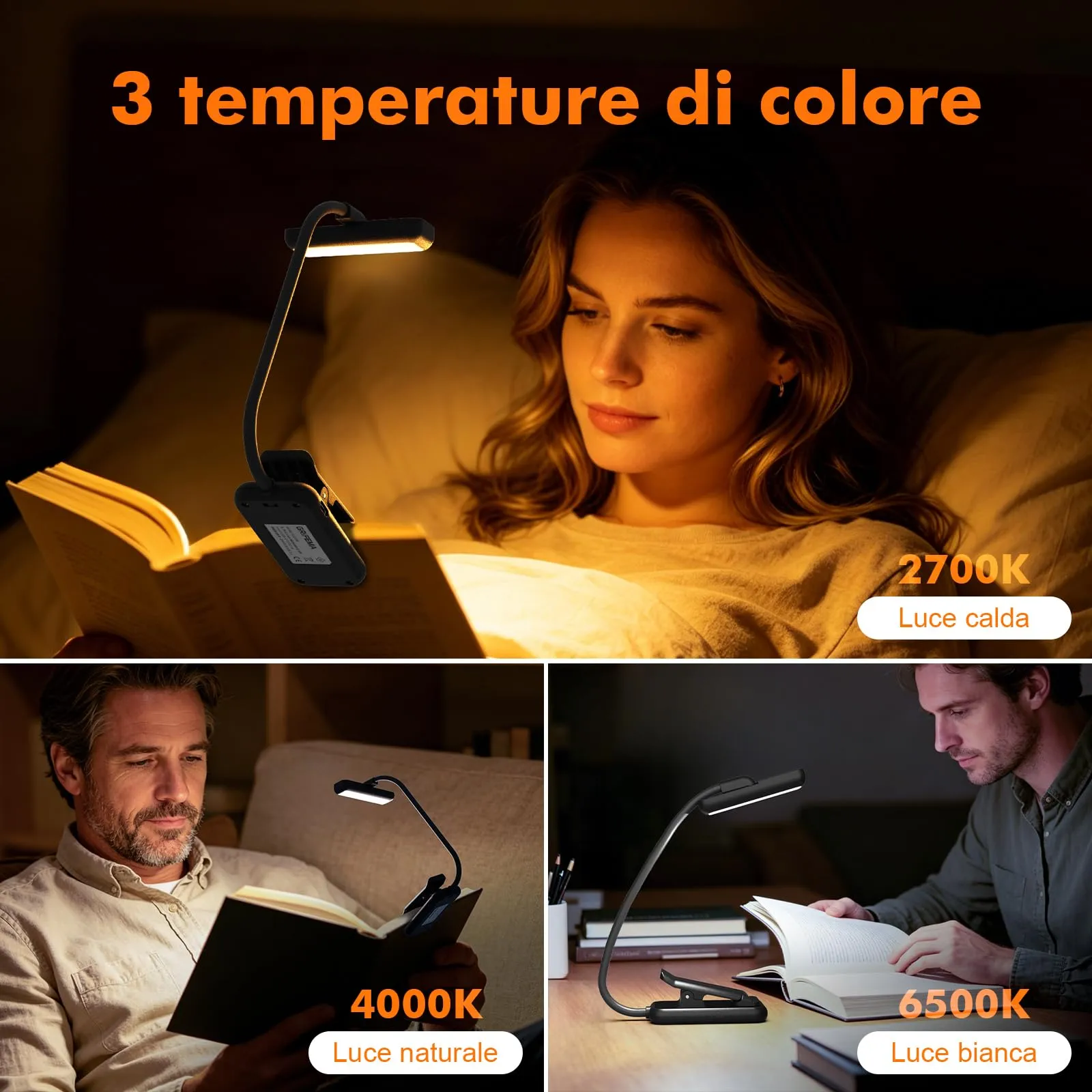 GRIFEMA Lampada da lettura con clip, 10 LED, USB-C, Testa girevole 180°, Nero, GD106 - immagine 3