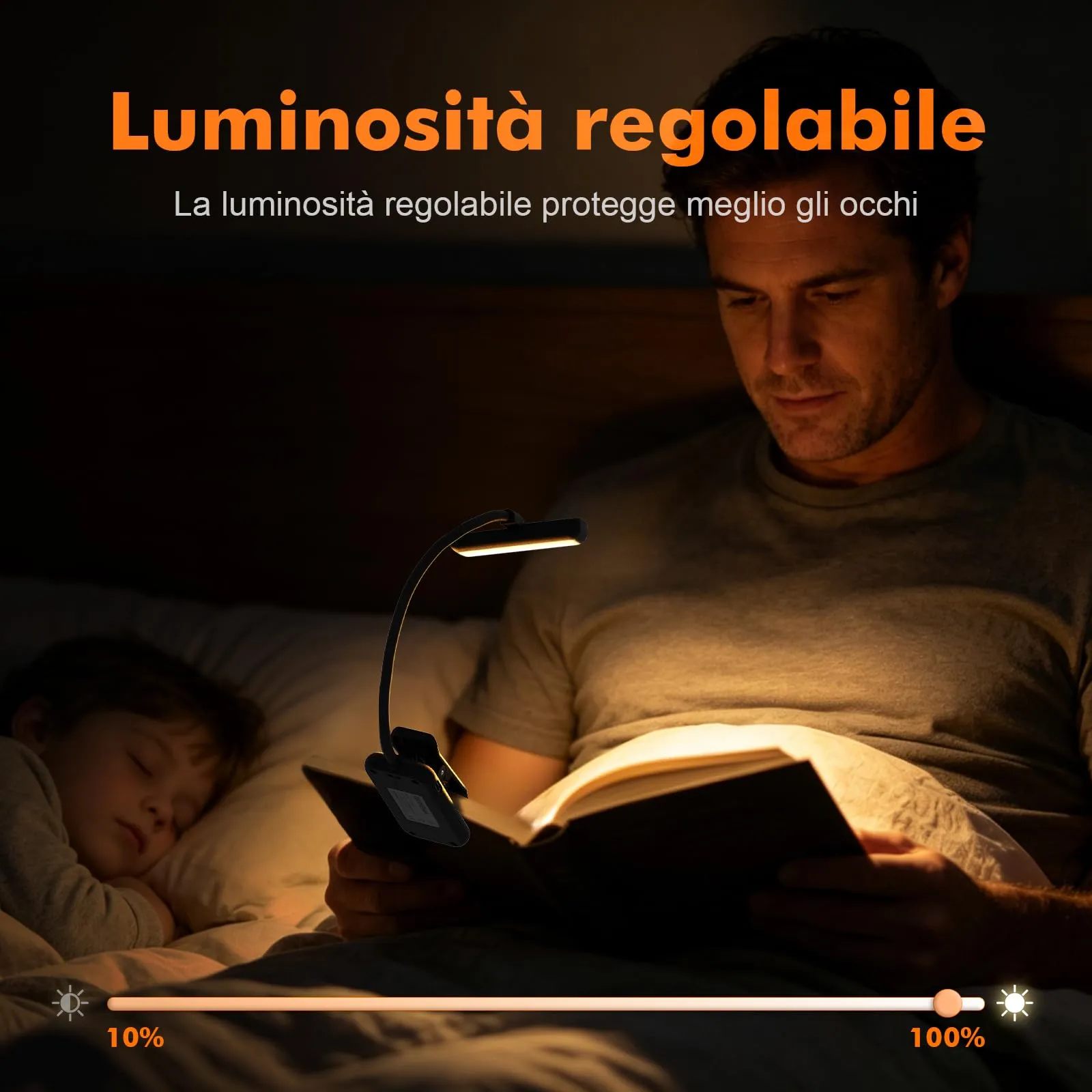GRIFEMA Lampada da lettura con clip, 10 LED, USB-C, Testa girevole 180°, Nero, GD106 - immagine 4