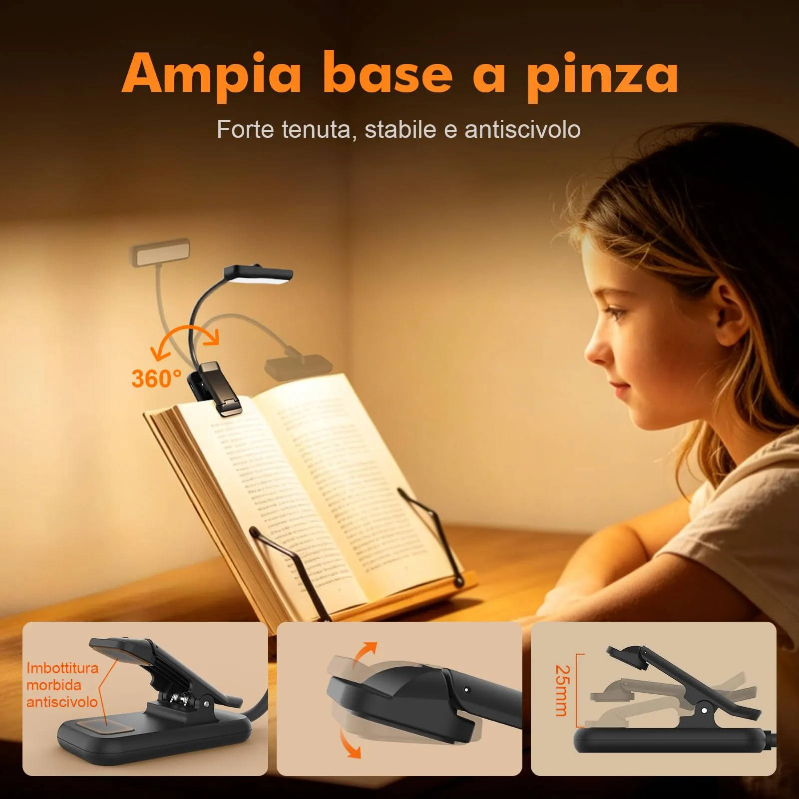 GRIFEMA Lampada da lettura con clip, 10 LED, USB-C, Testa girevole 180°, Nero, GD106 - immagine 5