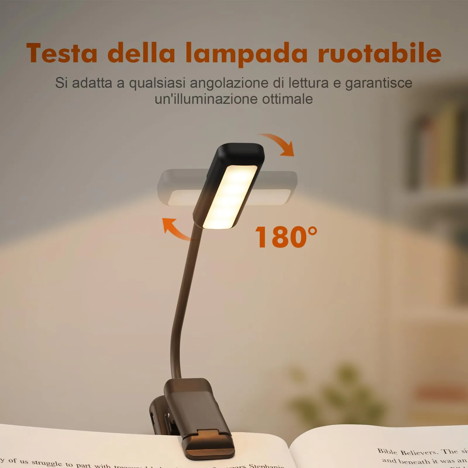 GRIFEMA Lampada da lettura con clip, 10 LED, USB-C, Testa girevole 180°, Nero, GD106 - immagine 6