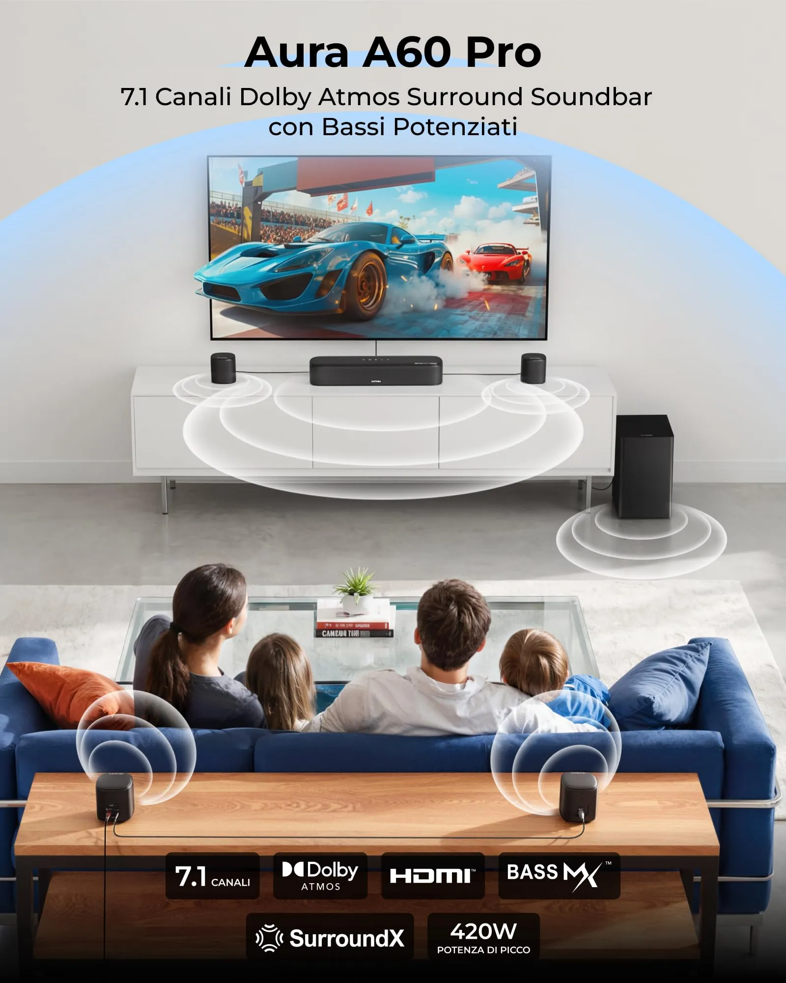 ULTIMEA Aura A60 Pro Sistema Audio Surround 7.1, Soundbar Dolby Atmos con 4 Altoparlanti Surround, VoiceMX, BassMX, 420W, HDMI eARC, Nero - immagine 2