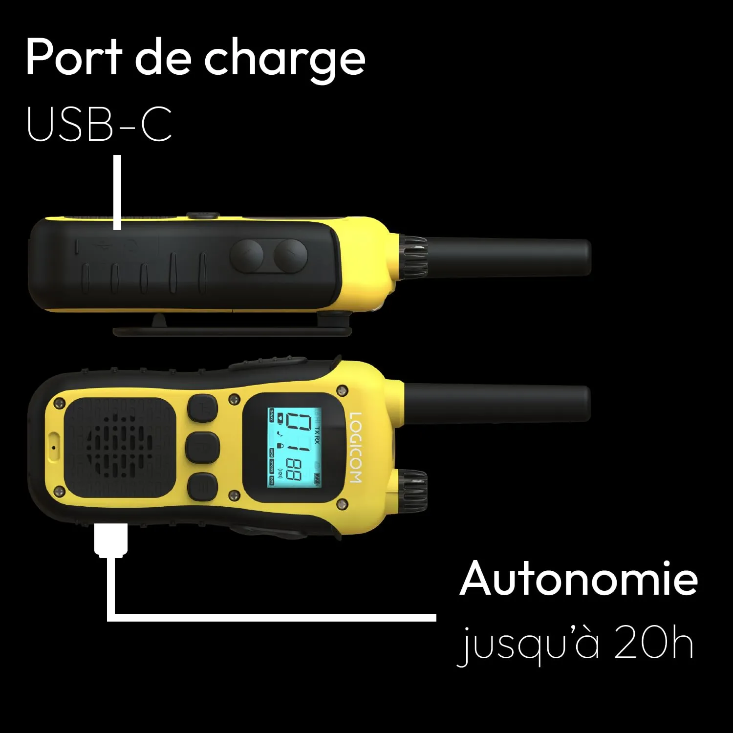 Logicom Adventure Walkie-Talkie PMR446 IP54, 10 km Range, 16 Channels, 1000 mAh Battery, LCD Screen, USB-C, Pack of 2 - immagine 4