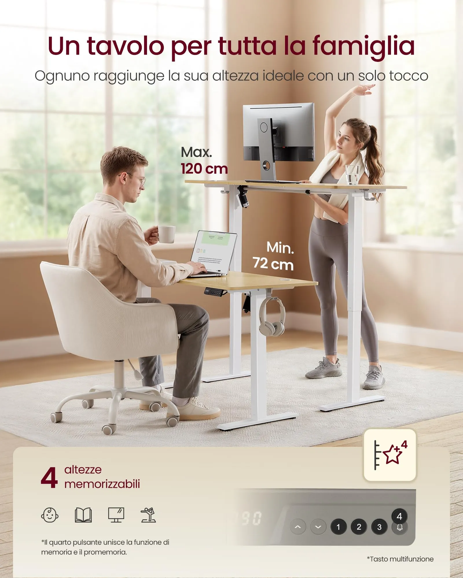 VASAGLE Scrivania Elettrica Regolabile in Altezza Balok, 140 x 60 x (72-120) cm, Rovere Giallo e Bianco, LSD314YA03 - immagine 3