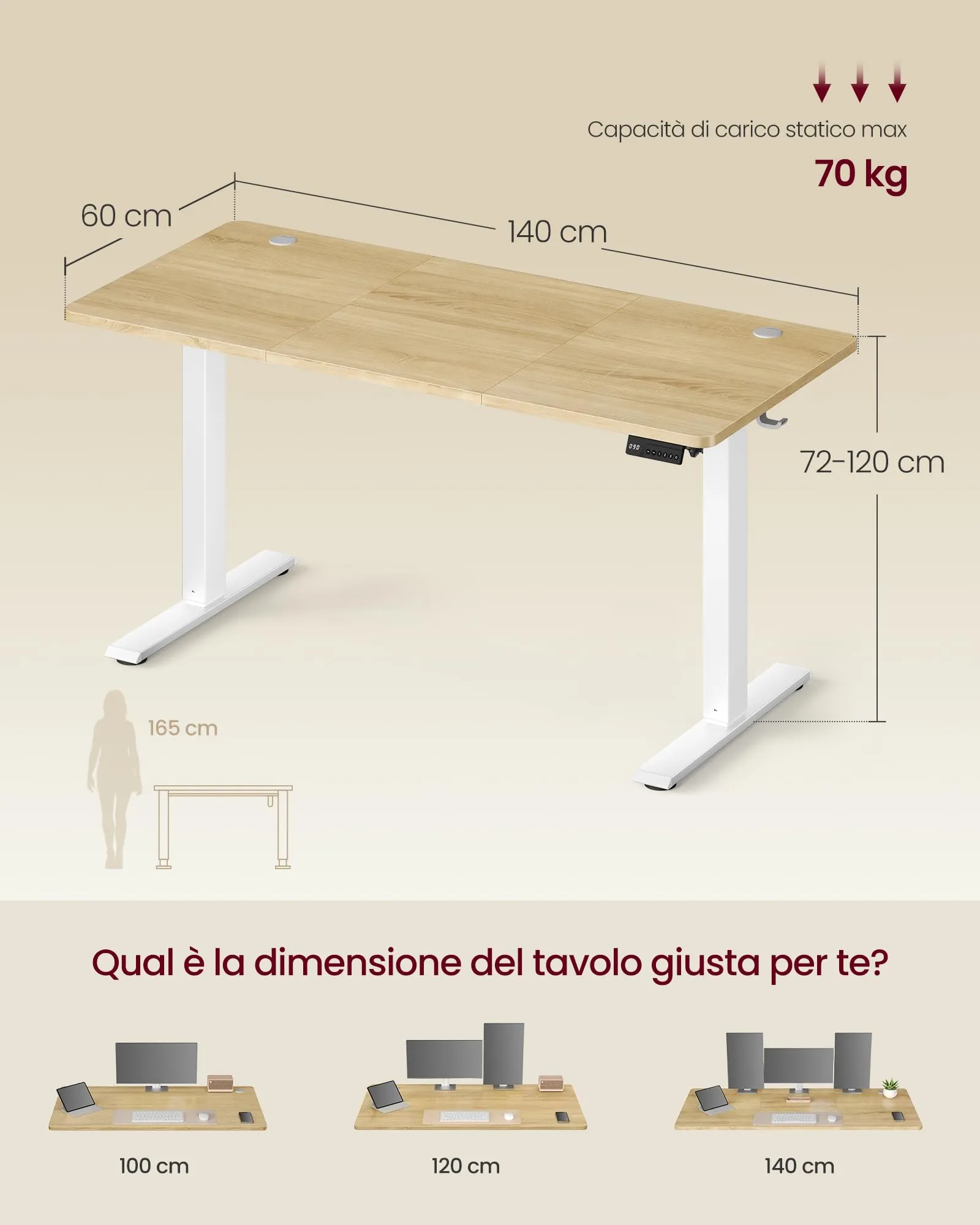 VASAGLE Scrivania Elettrica Regolabile in Altezza Balok, 140 x 60 x (72-120) cm, Rovere Giallo e Bianco, LSD314YA03 - immagine 7