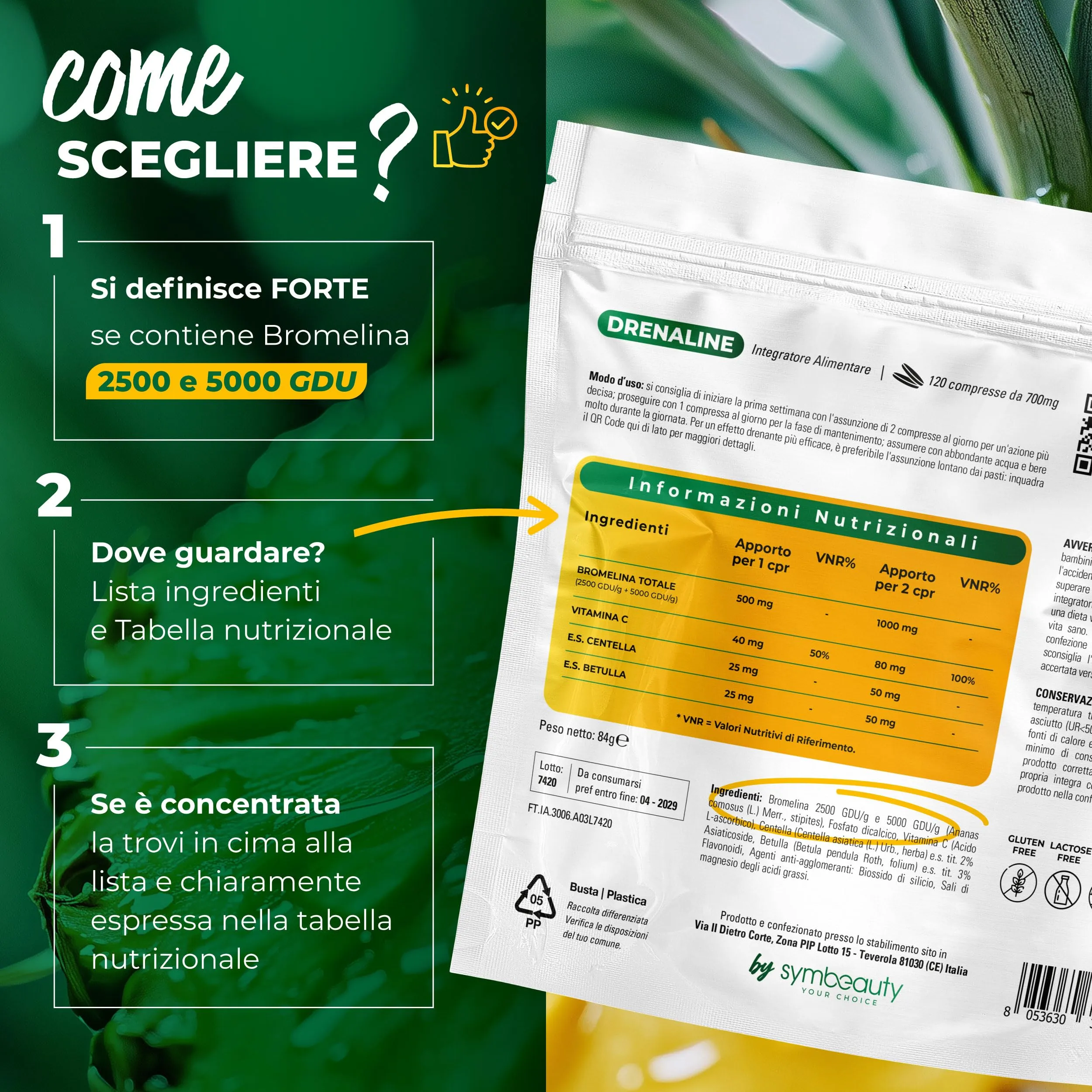Symbeauty Bromelina Forte Drenaline 120 Cpr 5000GDU Complex Vegano - immagine 3