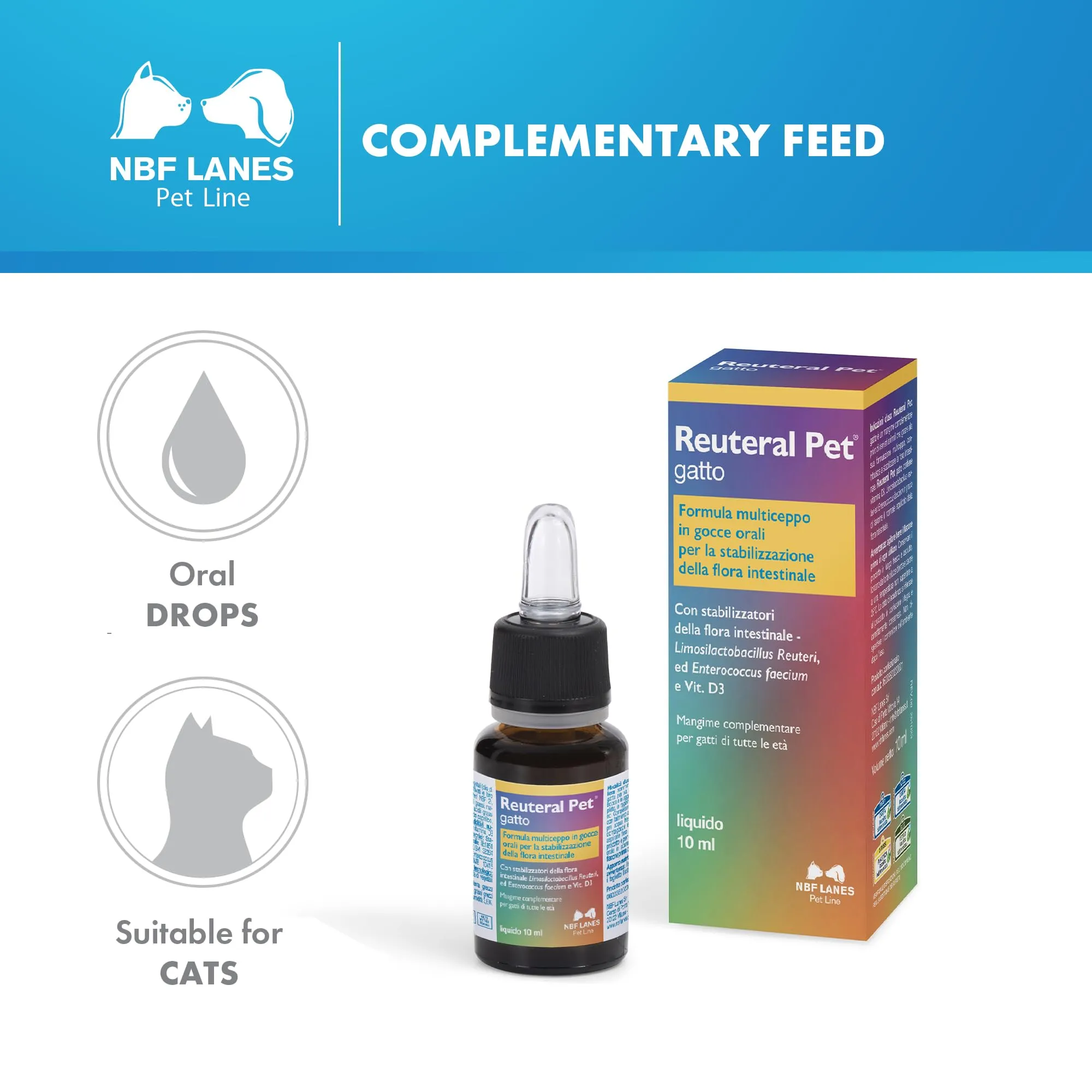 NBF Lanes Reuteral Pet Gatto, Gocce orali Probiotico per la Flora intestinale dei Gatti - immagine 2