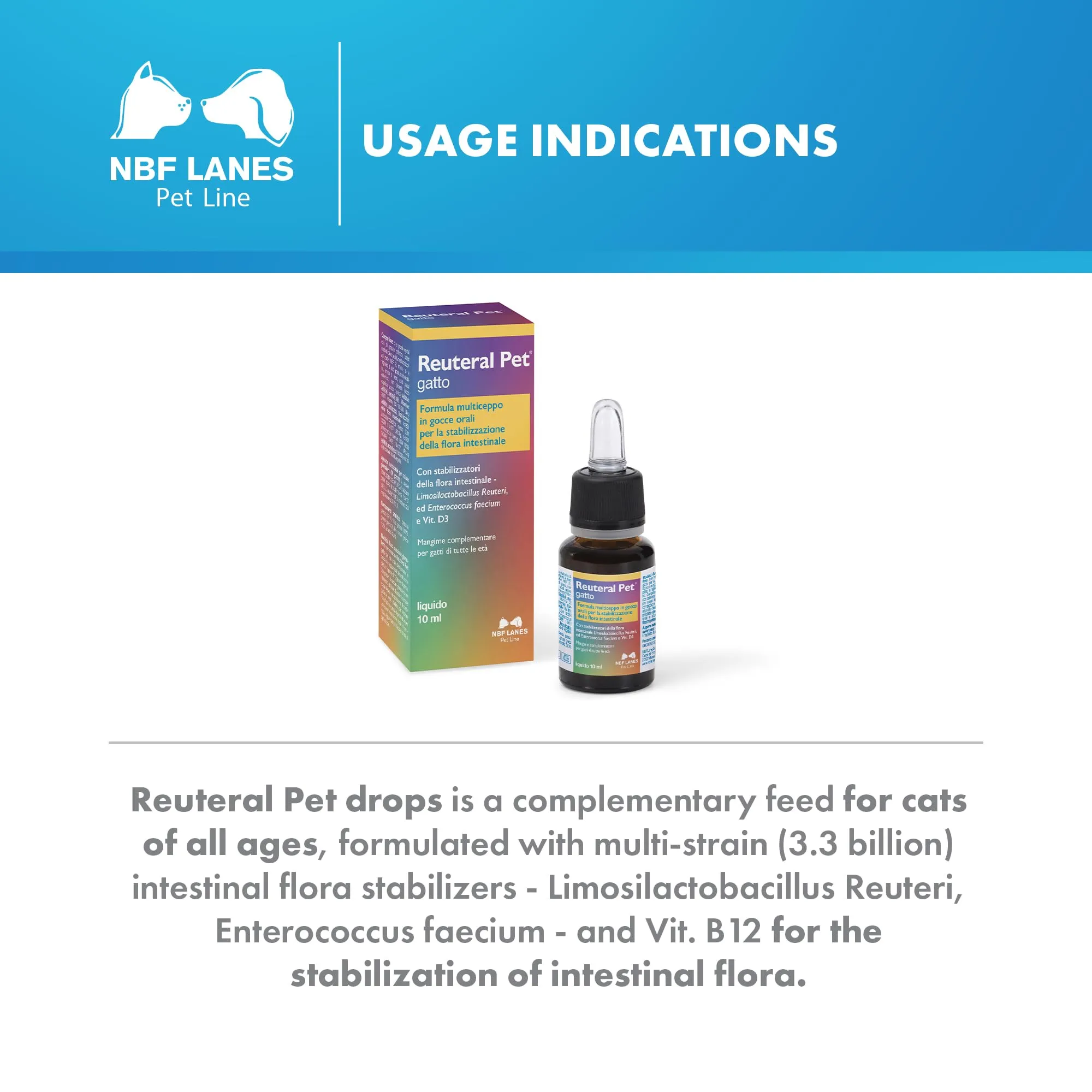 NBF Lanes Reuteral Pet Gatto, Gocce orali Probiotico per la Flora intestinale dei Gatti - immagine 3