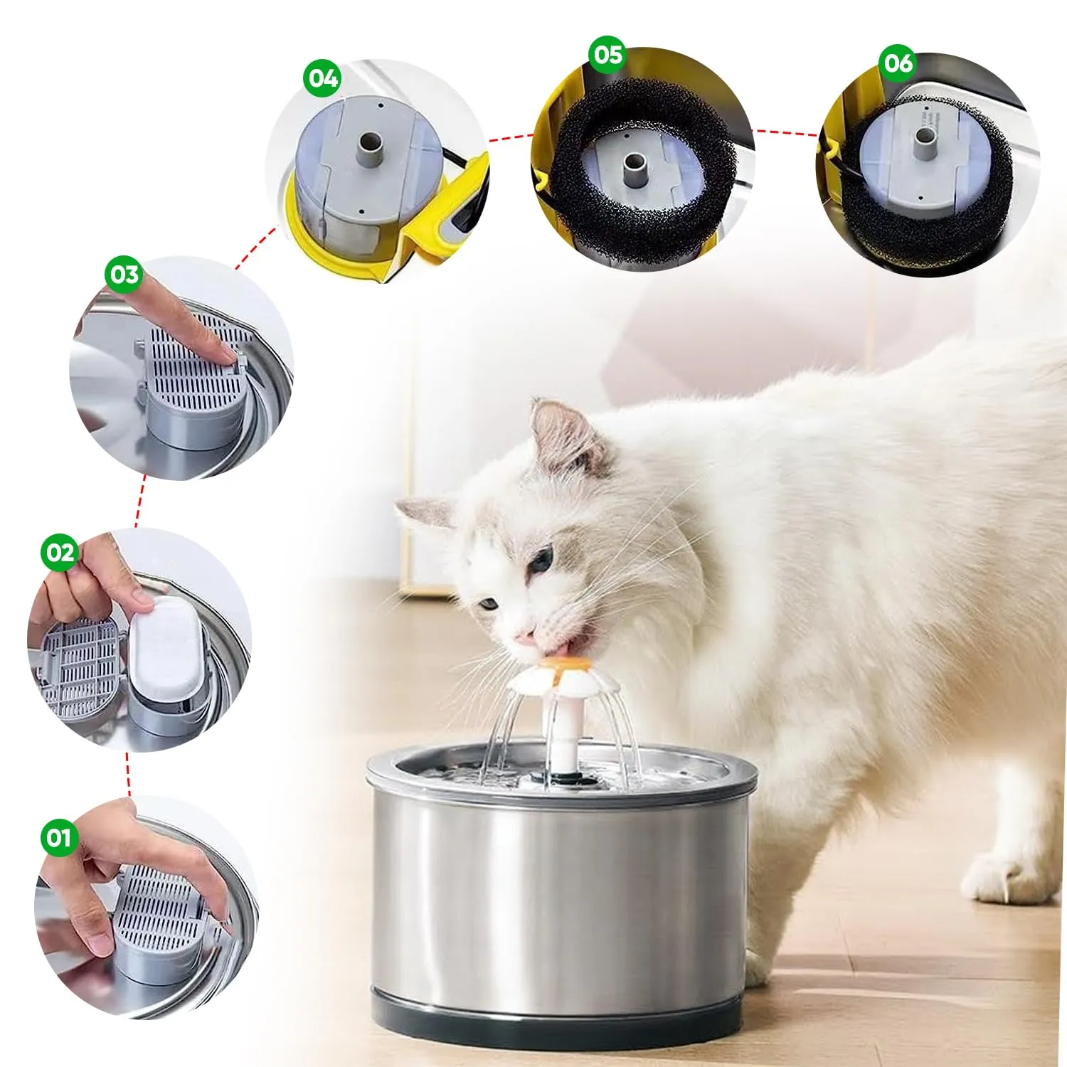 Haizibo Filtri per Fontanella per Gatti, 10 Filtri a Carbone e 10 Spugne in Schiuma per Fontanelle in Acciaio Inossidabile, 20 Pezzi - immagine 6