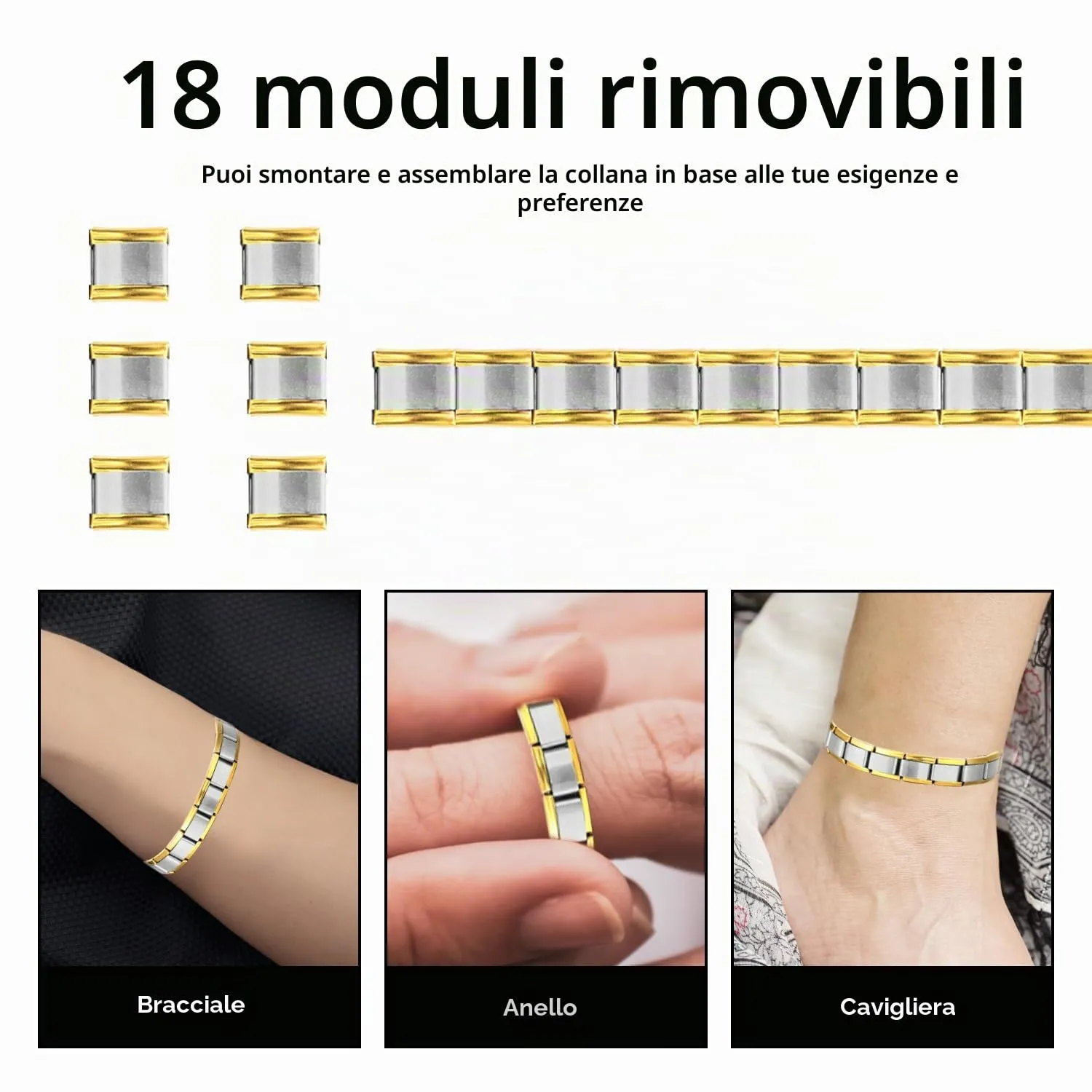fuxunamz Bracciale Italiano Charm Modulare in Acciaio Inossidabile, Argento, 18 Pezzi - immagine 5