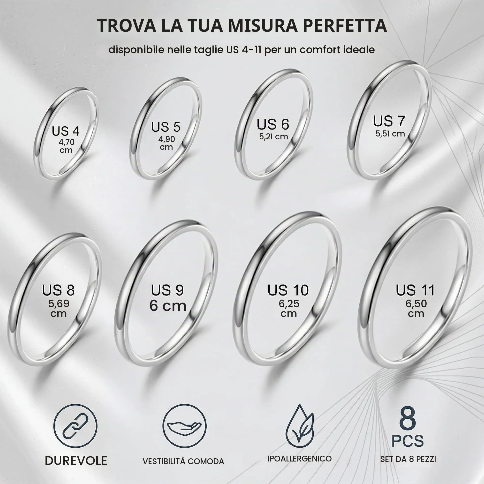 SWYZOR Set di 8 Anelli Sottili Impilabili in Acciaio Inossidabile, Argento, 1 mm, Misure 4-11 - immagine 6