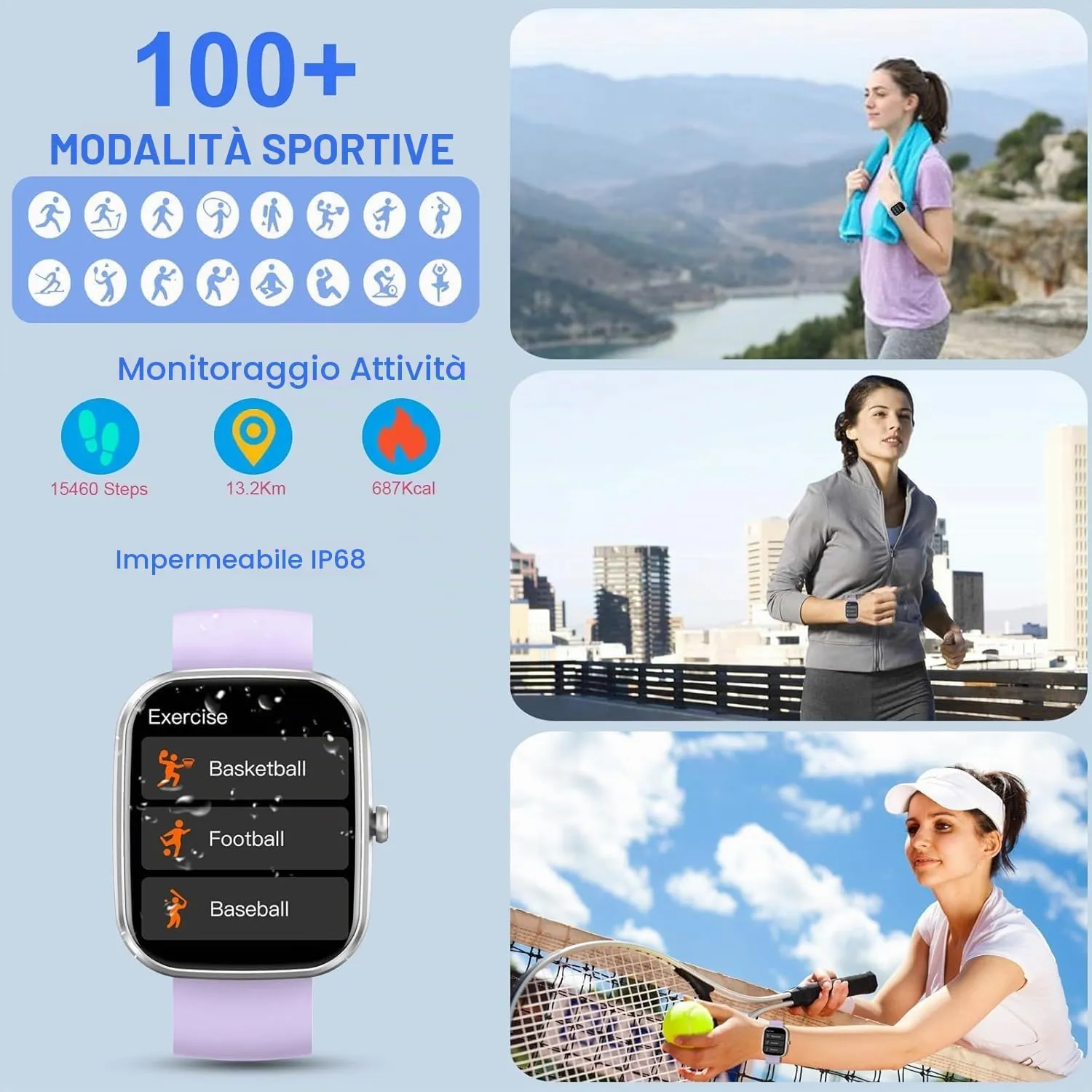 Matast Smartwatch 1.91" con Chiamate Bluetooth, Fitness Tracker 100+ Sport, Cardiofrequenzimetro, Sonno, IP68, Viola chiaro - immagine 2