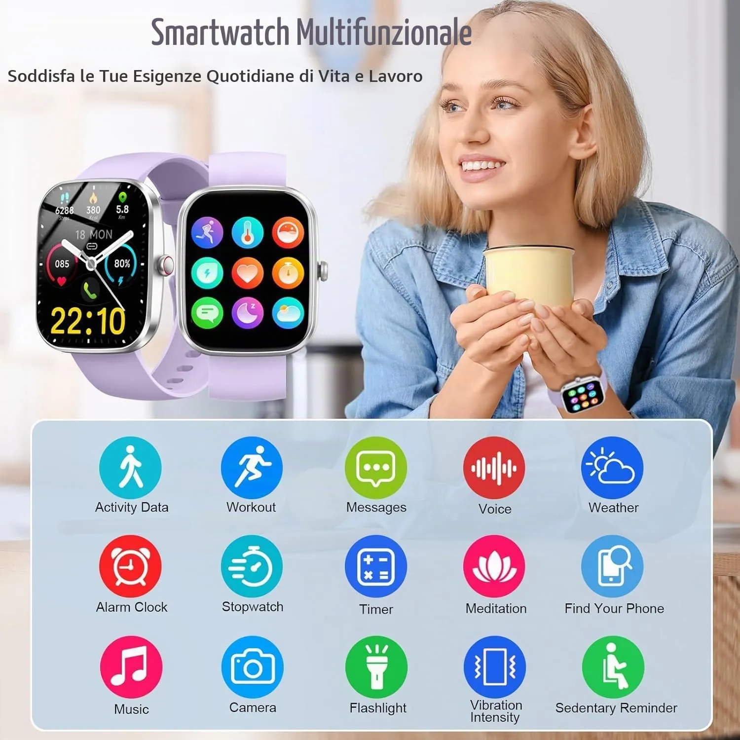 Matast Smartwatch 1.91" con Chiamate Bluetooth, Fitness Tracker 100+ Sport, Cardiofrequenzimetro, Sonno, IP68, Viola chiaro - immagine 4