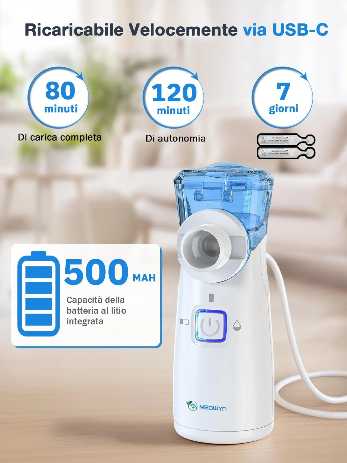Meowyn Aerosol Portatile a Ultrasuoni, Ricaricabile USB-C per Adulti e Bambini, Modello YS35 - immagine 3