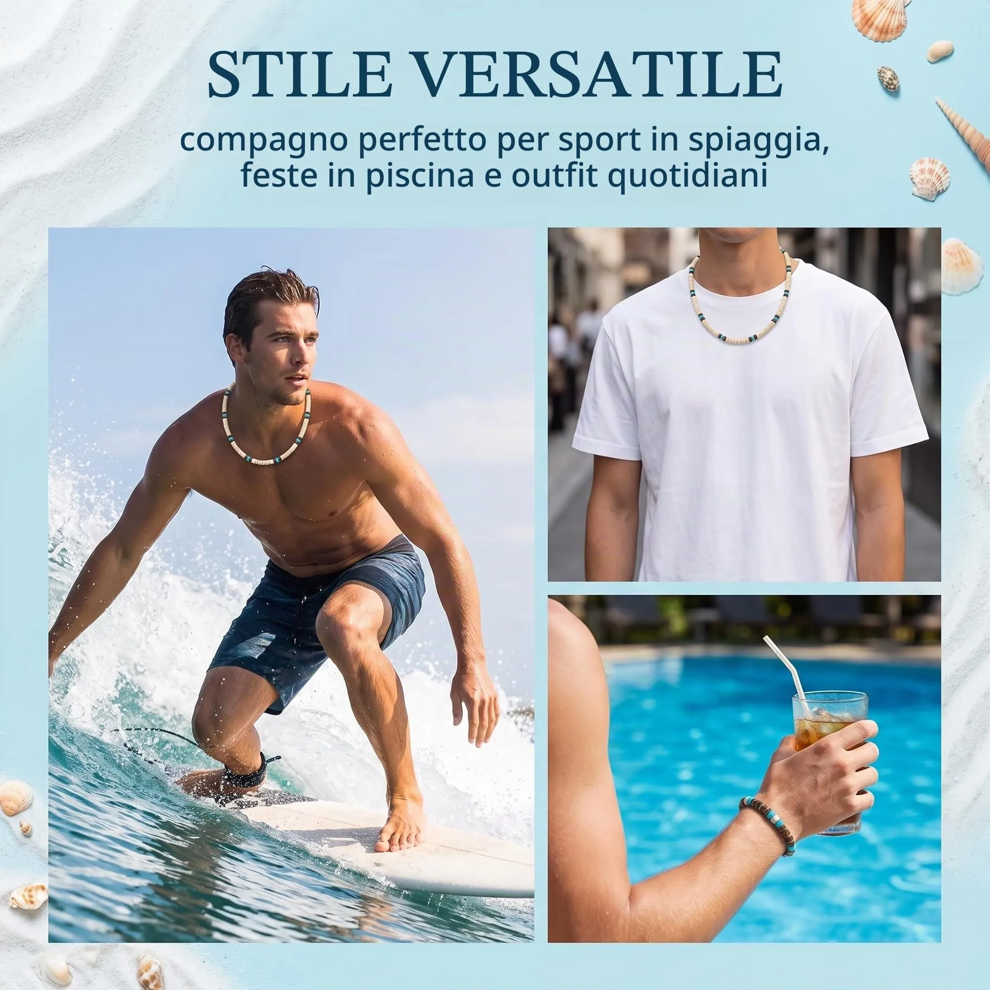 FIMJEP Collana Mare e Bracciale Surf Boho in Conchiglia di Cocco e Perle Nere, Unisex - immagine 3