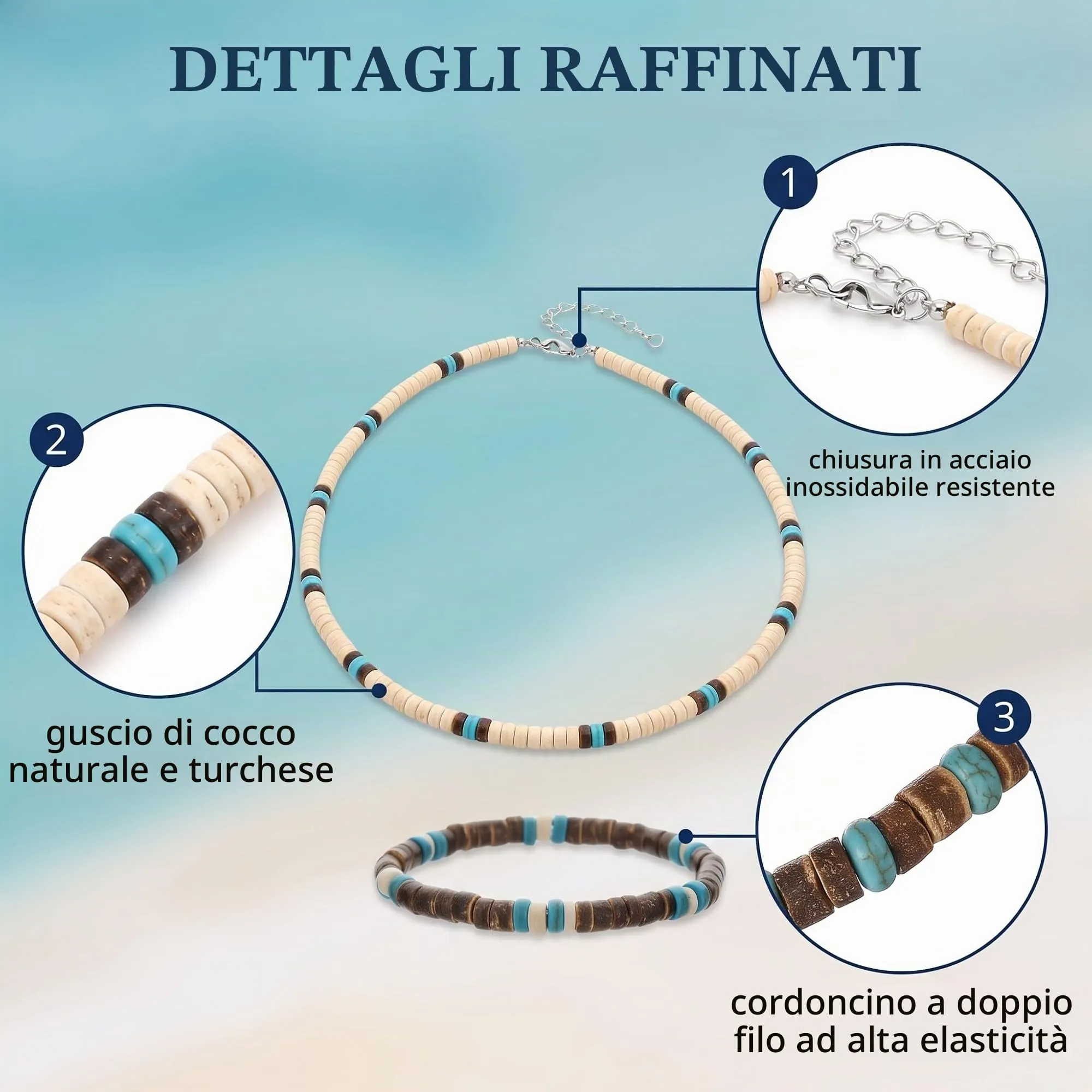 FIMJEP Collana Mare e Bracciale Surf Boho in Conchiglia di Cocco e Perle Nere, Unisex - immagine 5