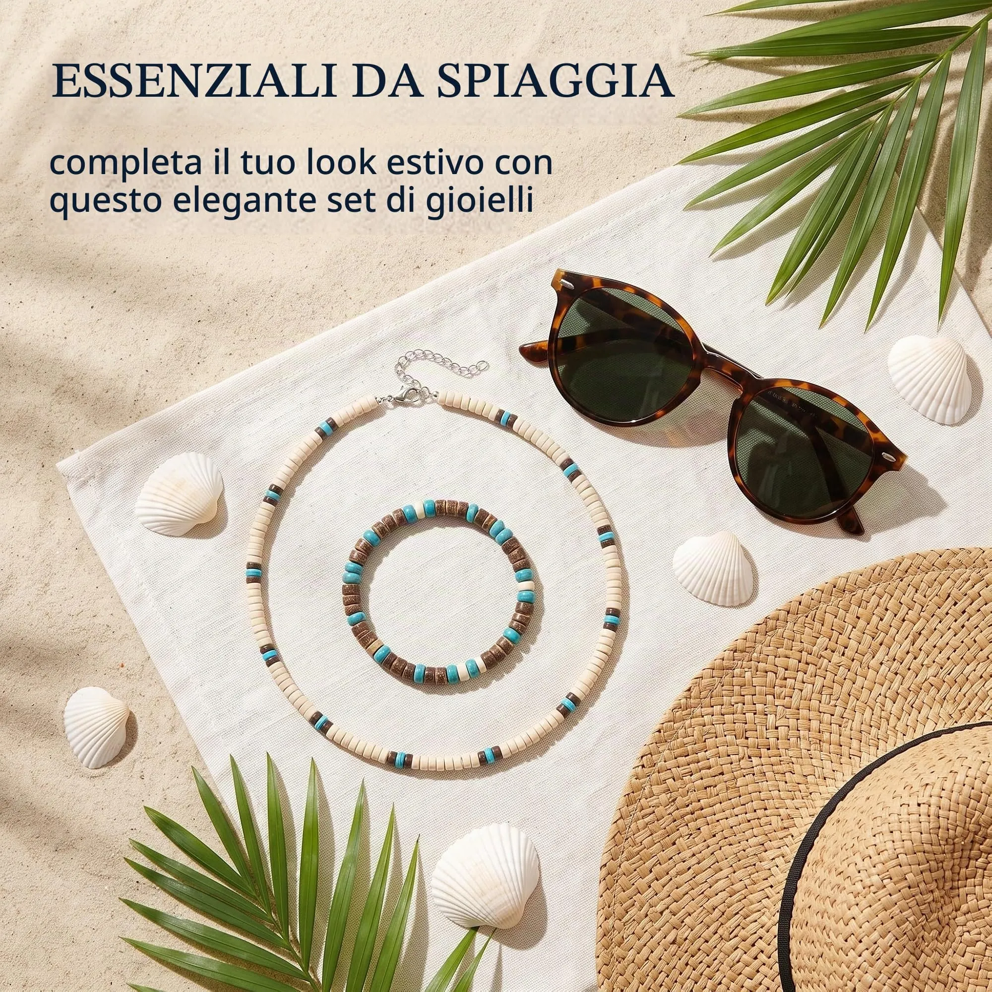 FIMJEP Collana Mare e Bracciale Surf Boho in Conchiglia di Cocco e Perle Nere, Unisex - immagine 6